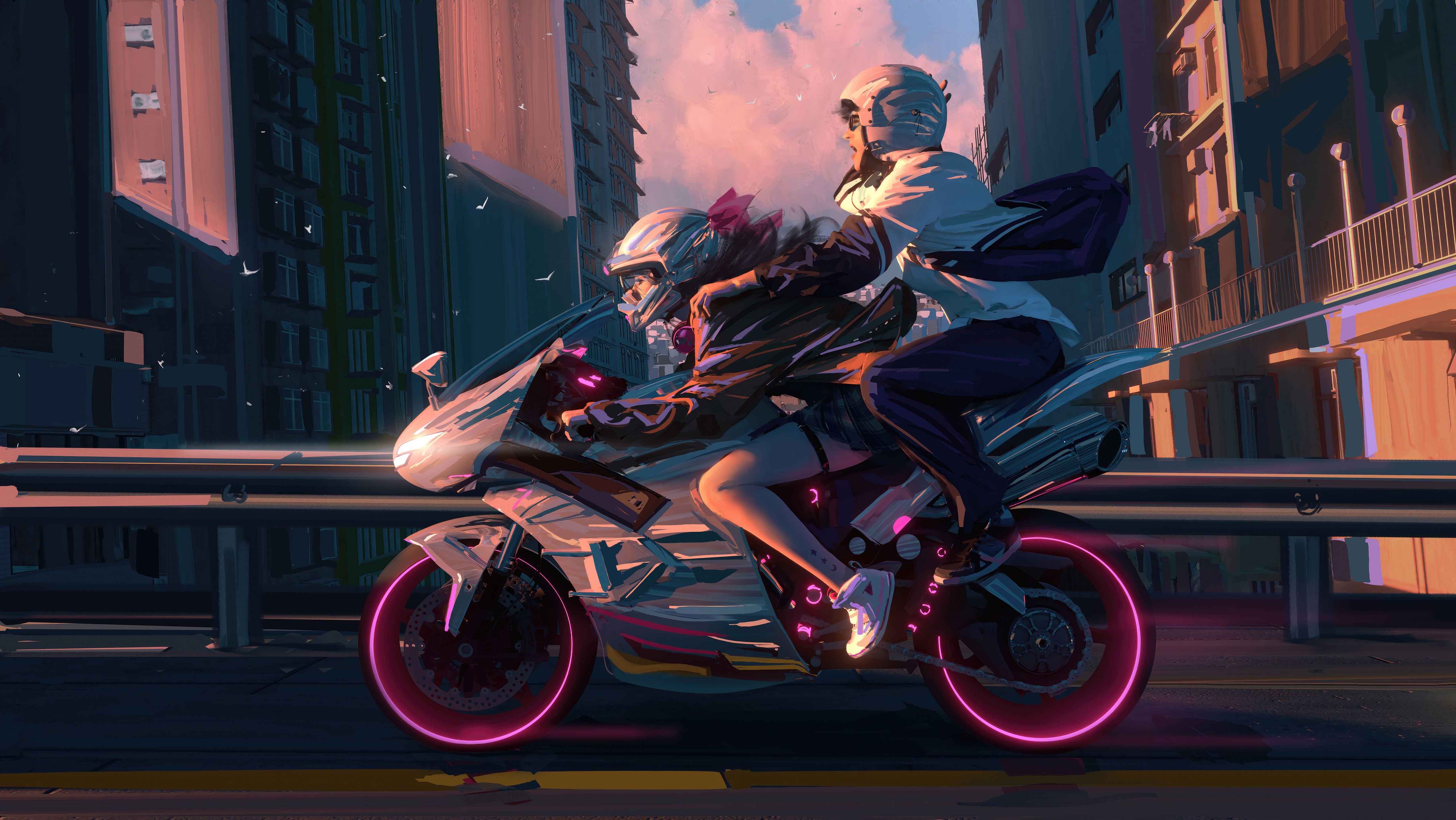 Two people riding a motorcycle on a glowing street HD Wallpaper
