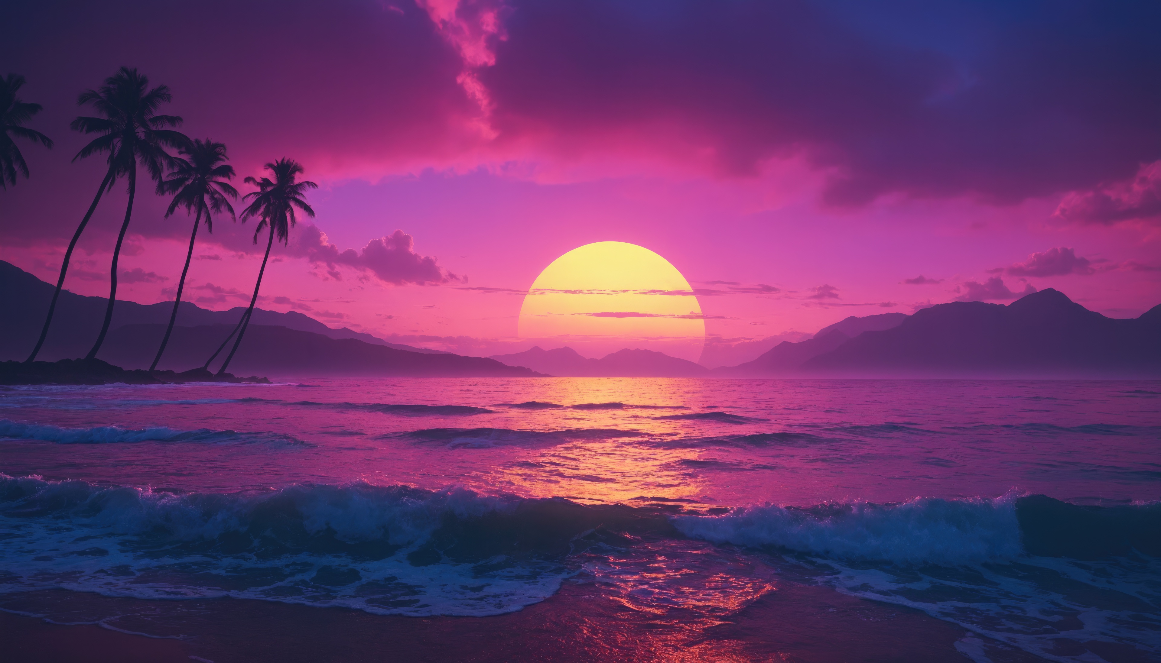 Synthwave Sunset Over Ocean with Palm Trees HD Wallpaper