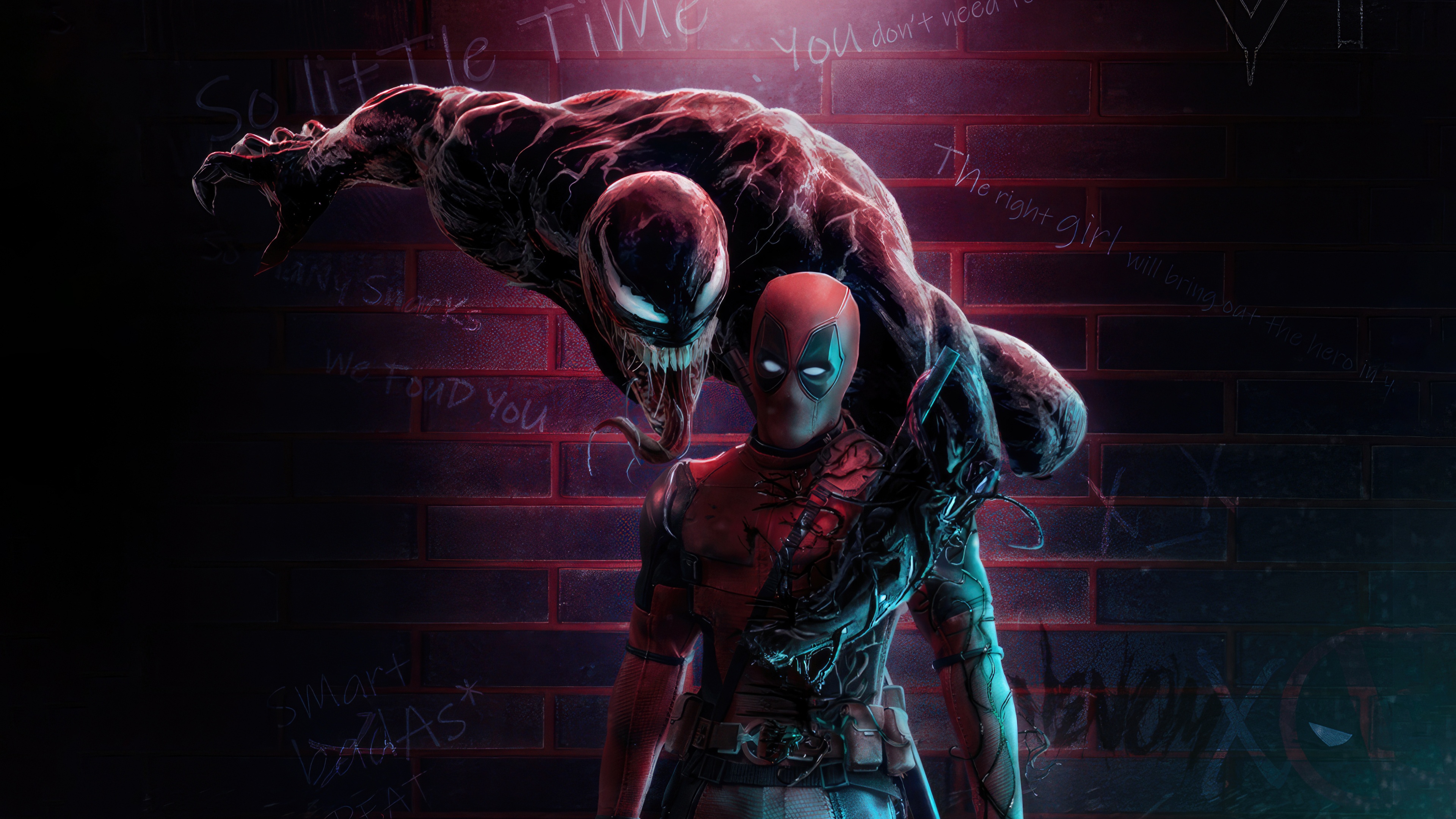 Deadpool and Venom on a brick wall HD Wallpaper