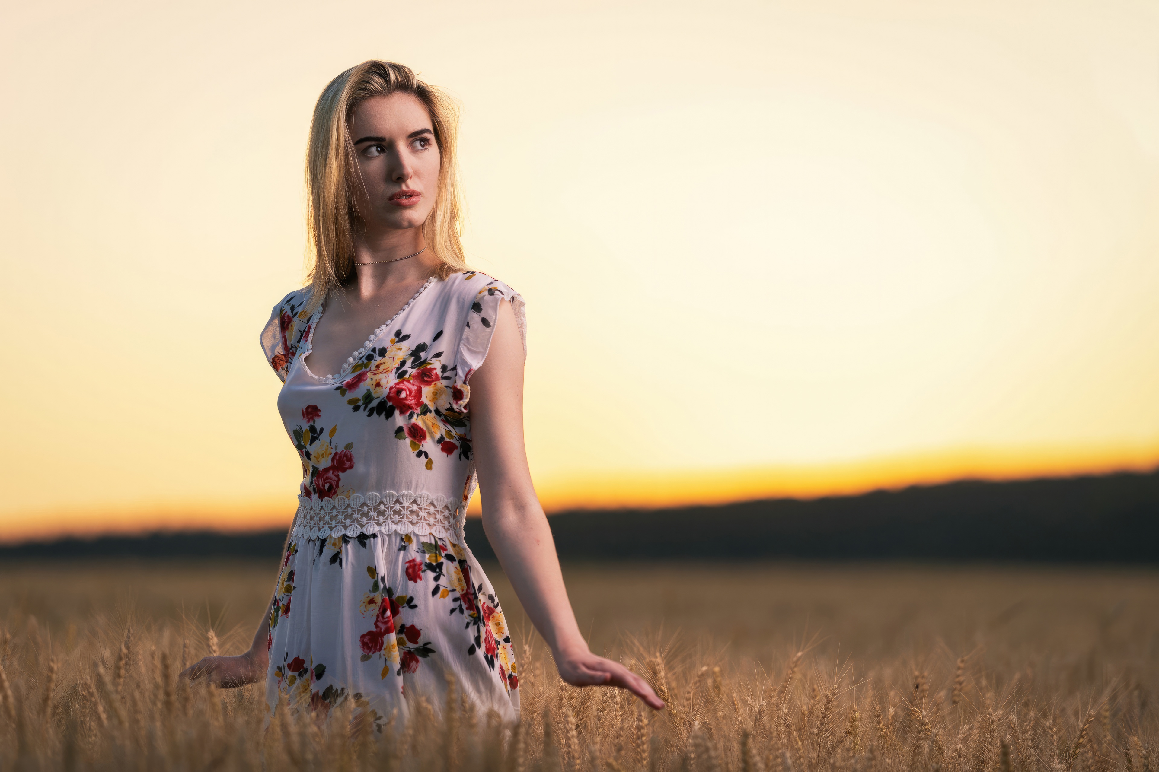 Blonde girl in a floral dress in a wheat field HD Wallpaper