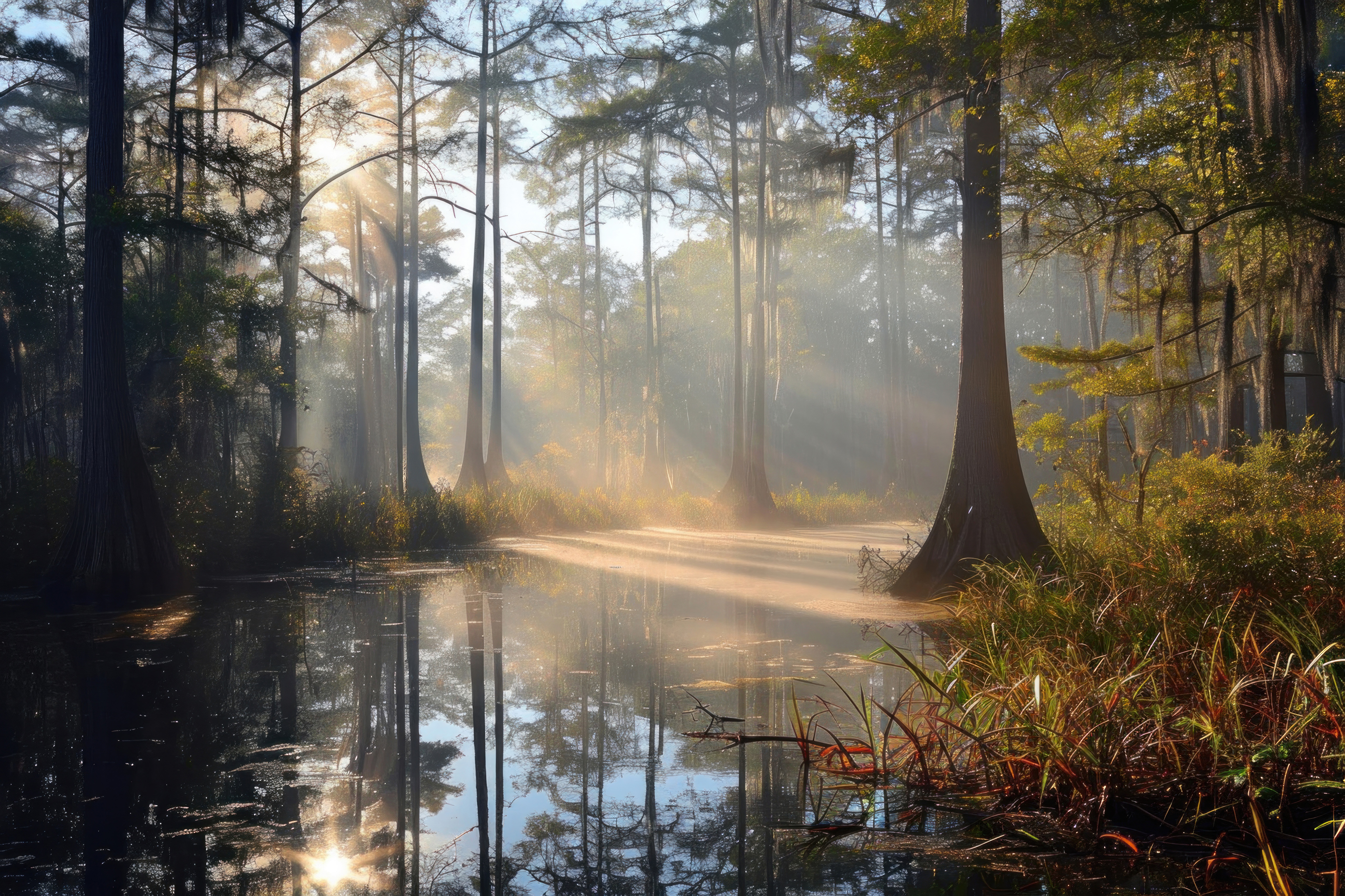 Sunlight streams through a misty swamp forest HD Wallpaper