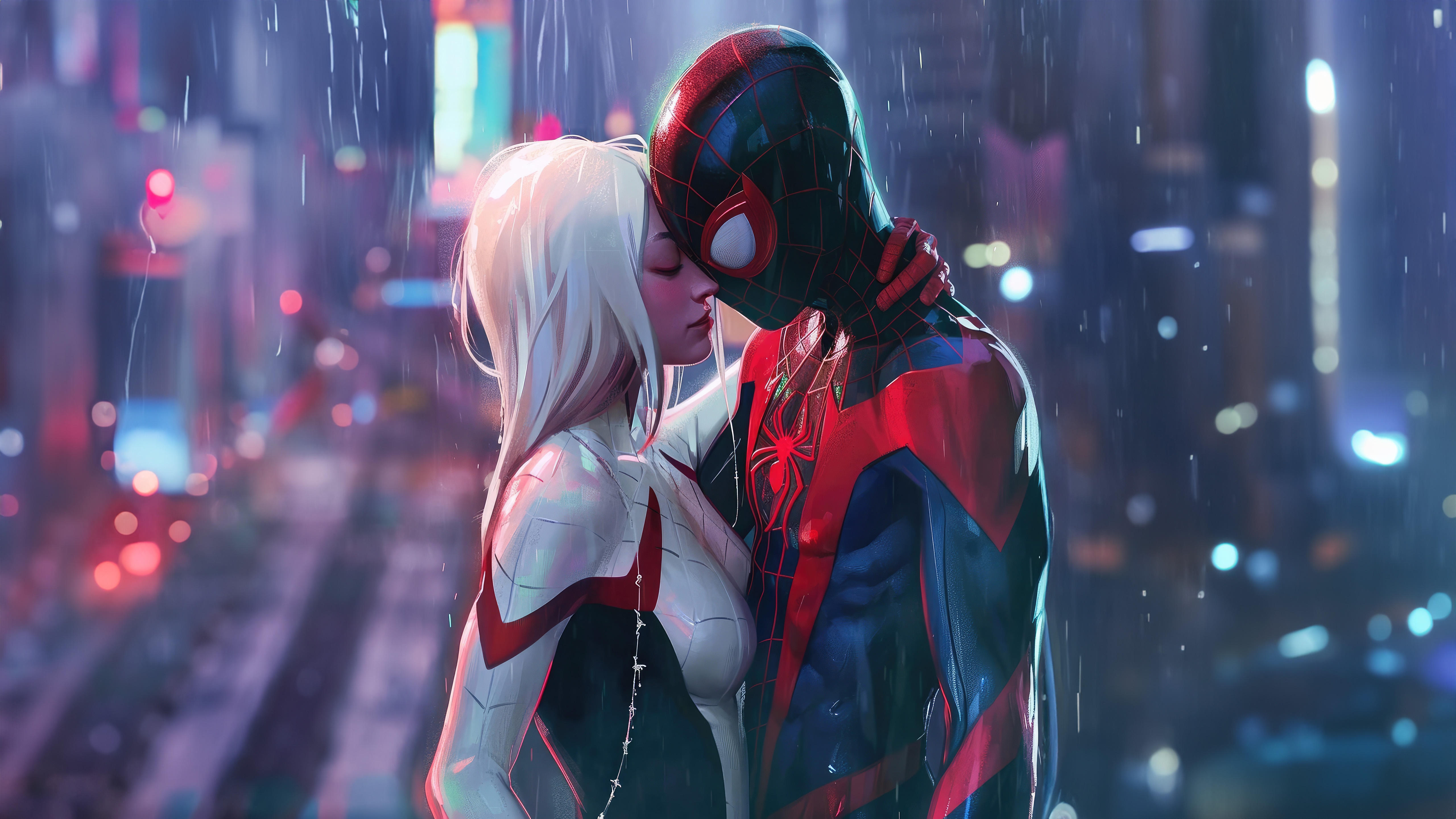 Gwen Stacy and Miles Morales in the rain HD Wallpaper