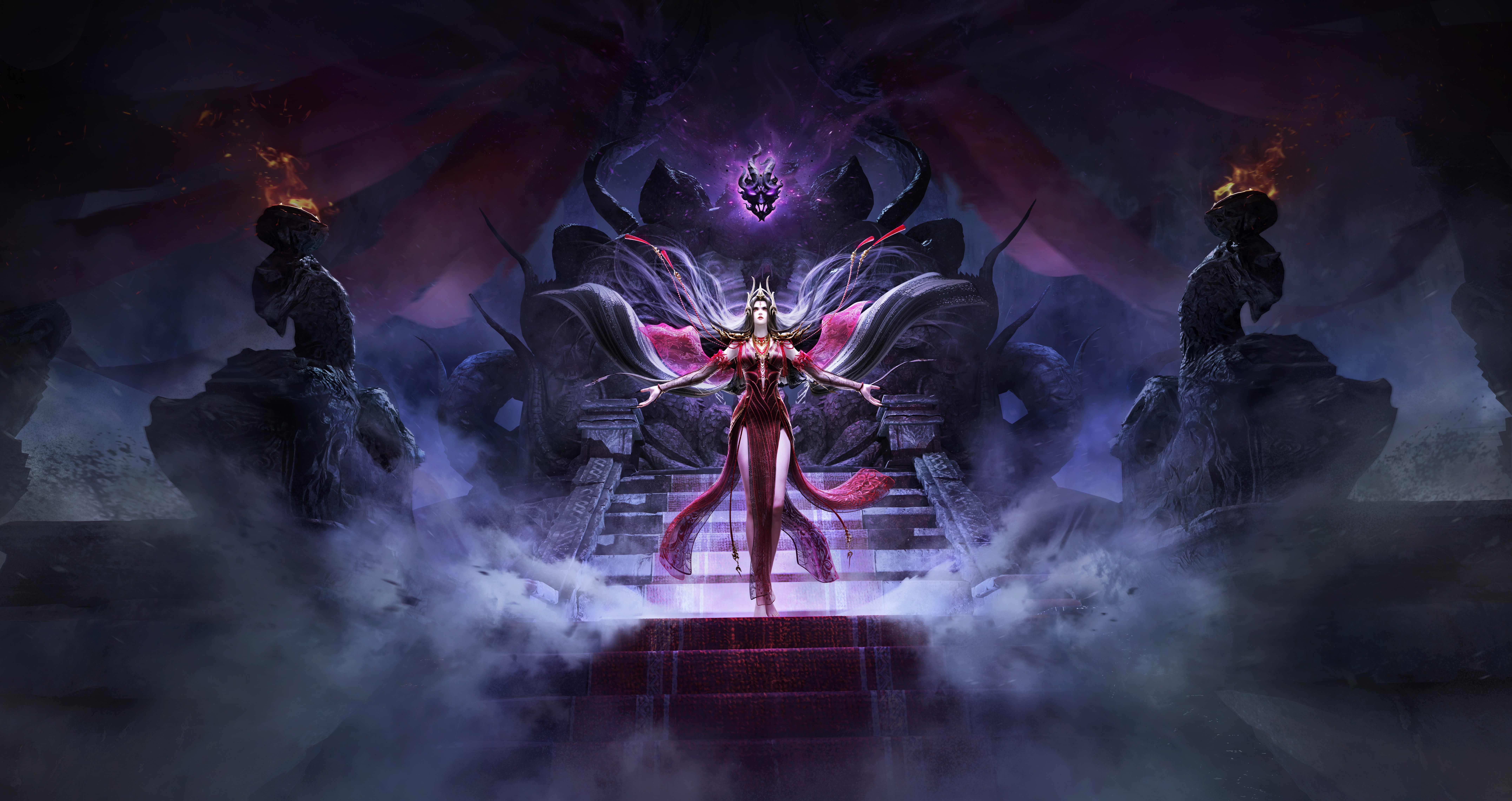 Naraka Bladepoint: A Woman in a Red Dress on a Throne HD Wallpaper