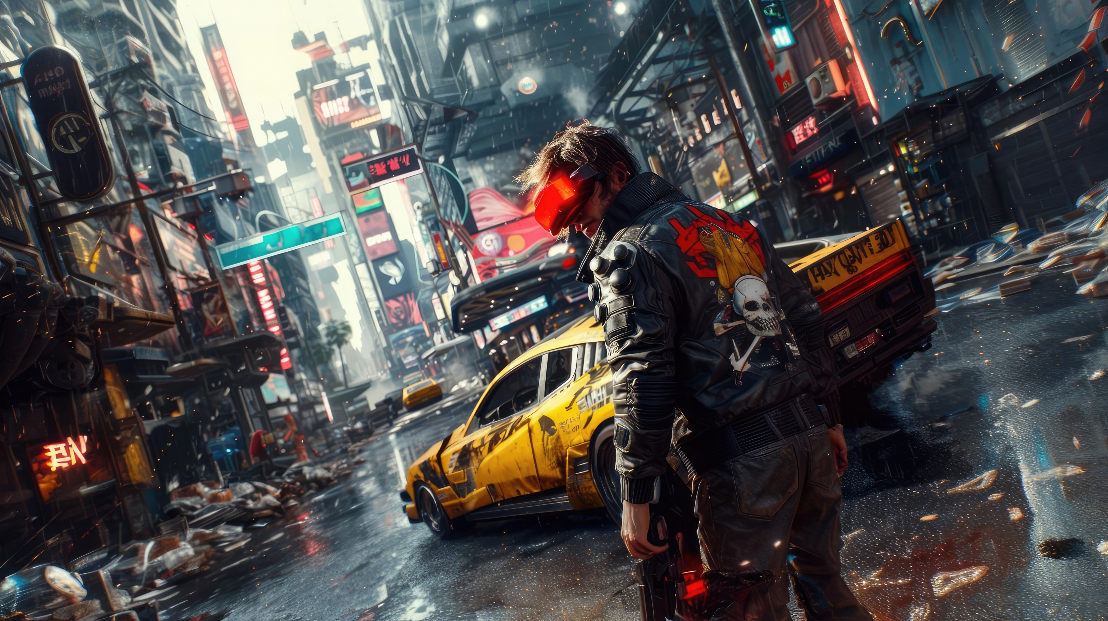 Cyberpunk street scene with a man and yellow car HD Wallpaper