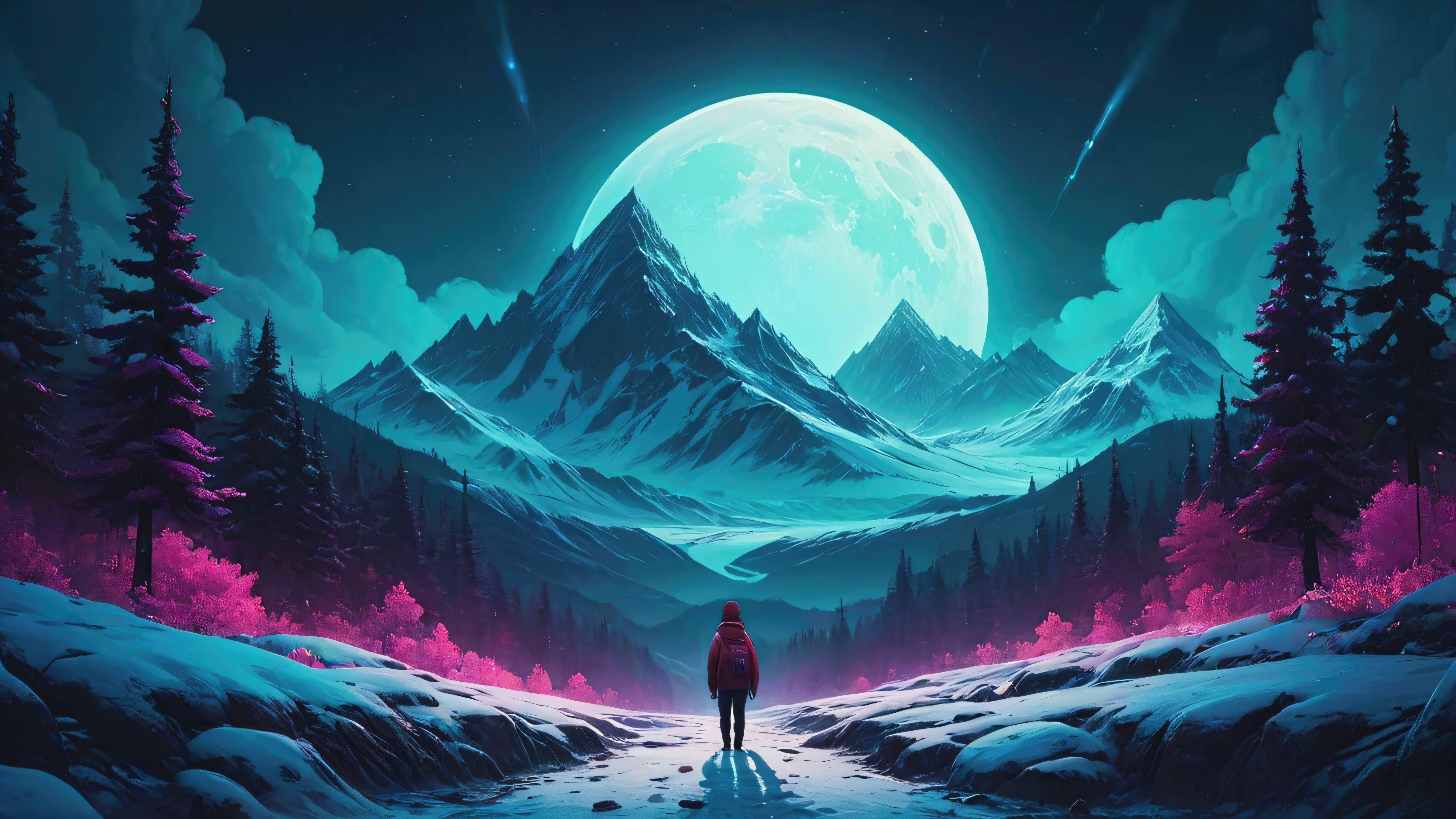 Person walking towards a giant moon over mountains HD Wallpaper