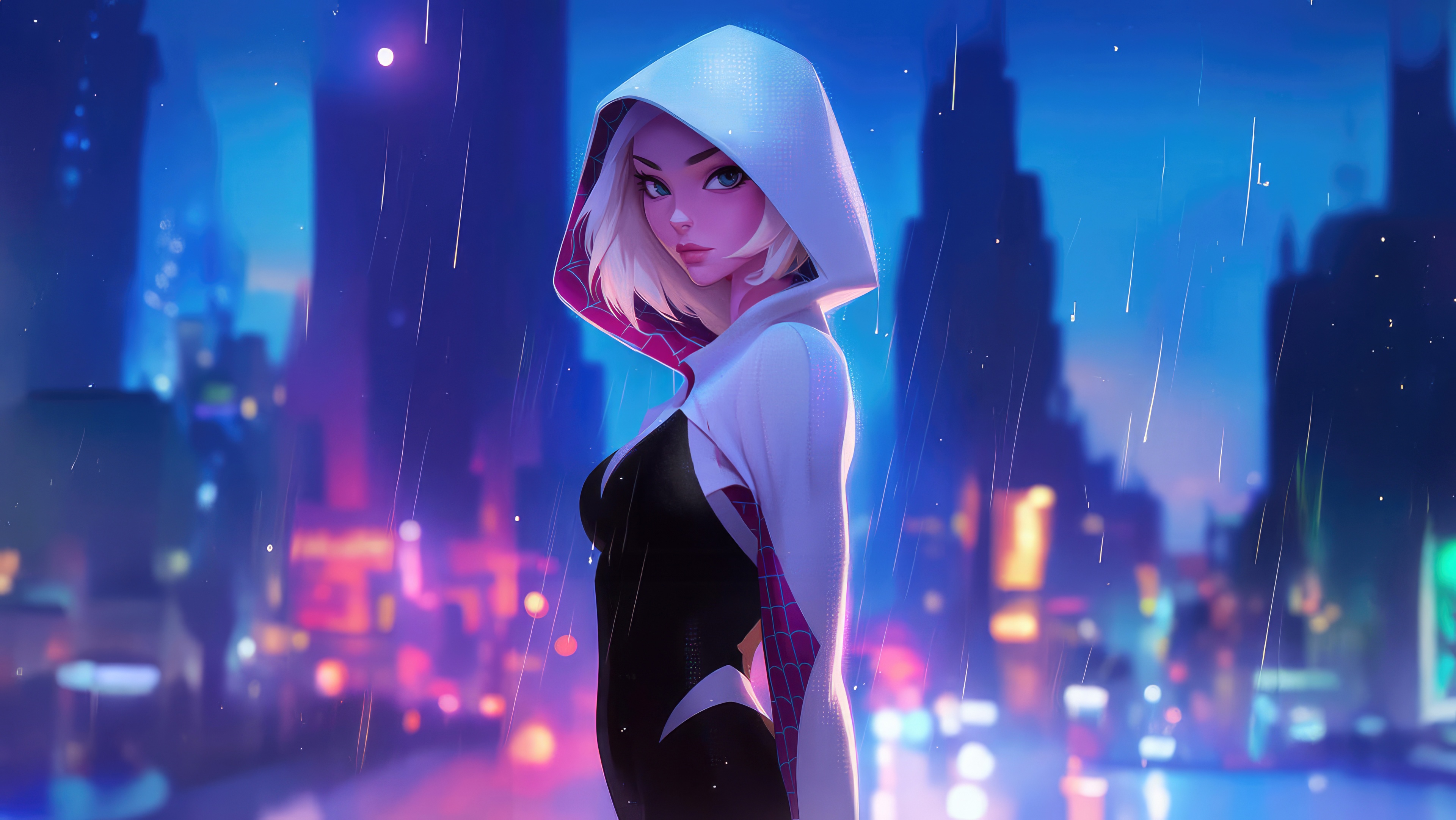 Gwen Stacy in a rainy city at night HD Wallpaper