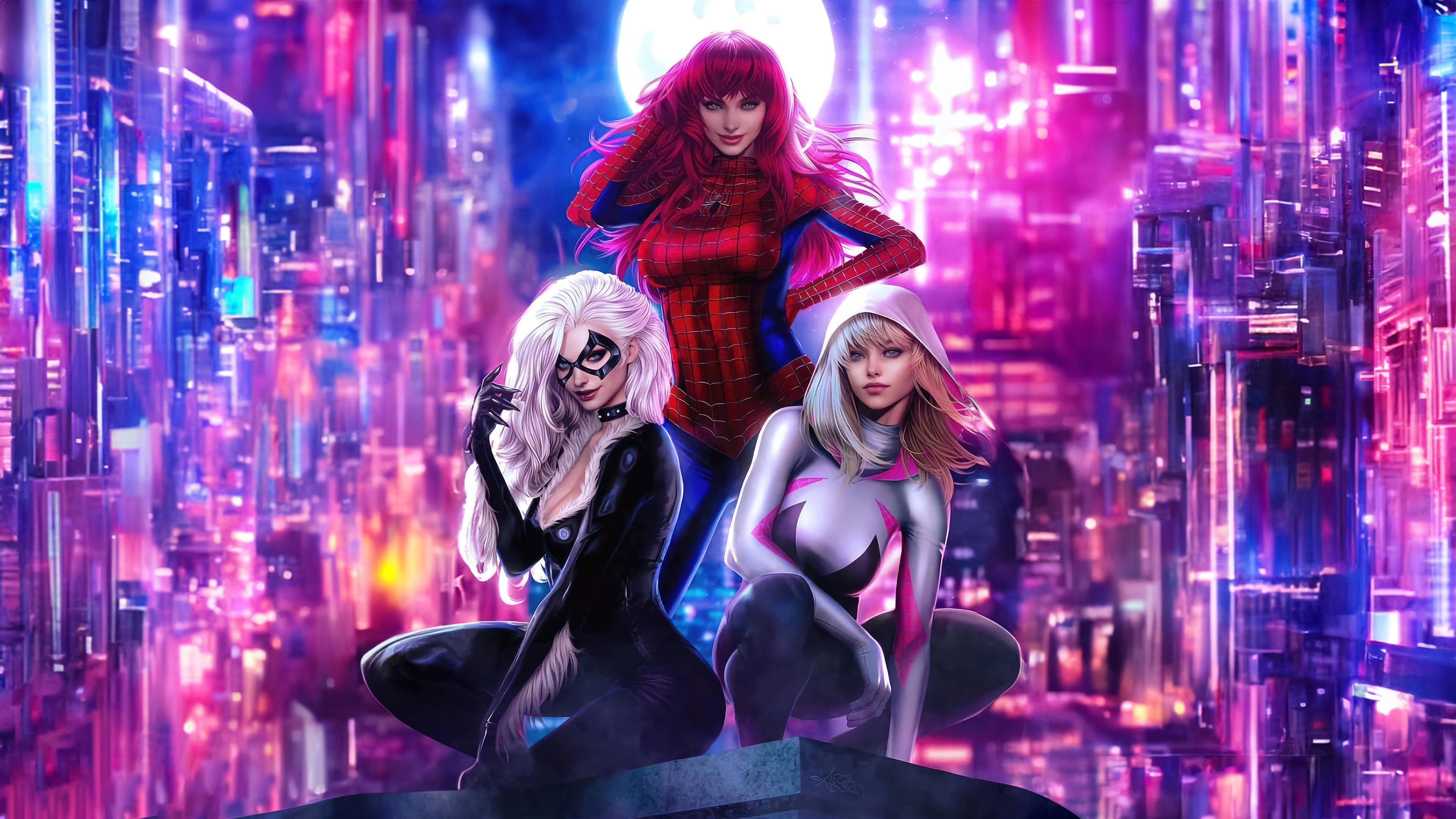 Spider-Woman, Silk, and Black Cat in a neon city HD Wallpaper