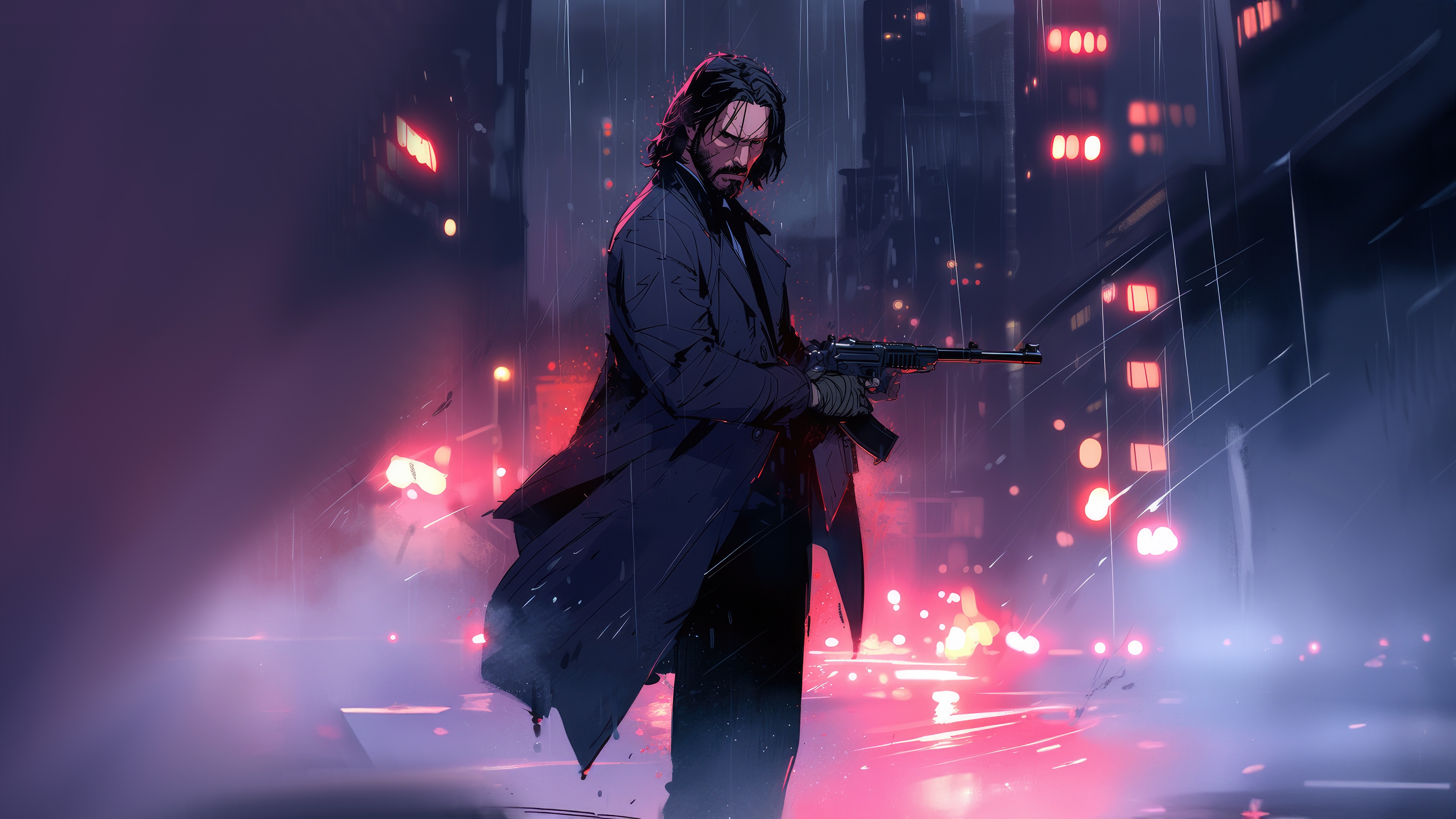 John Wick with a gun in a rainy city HD Wallpaper