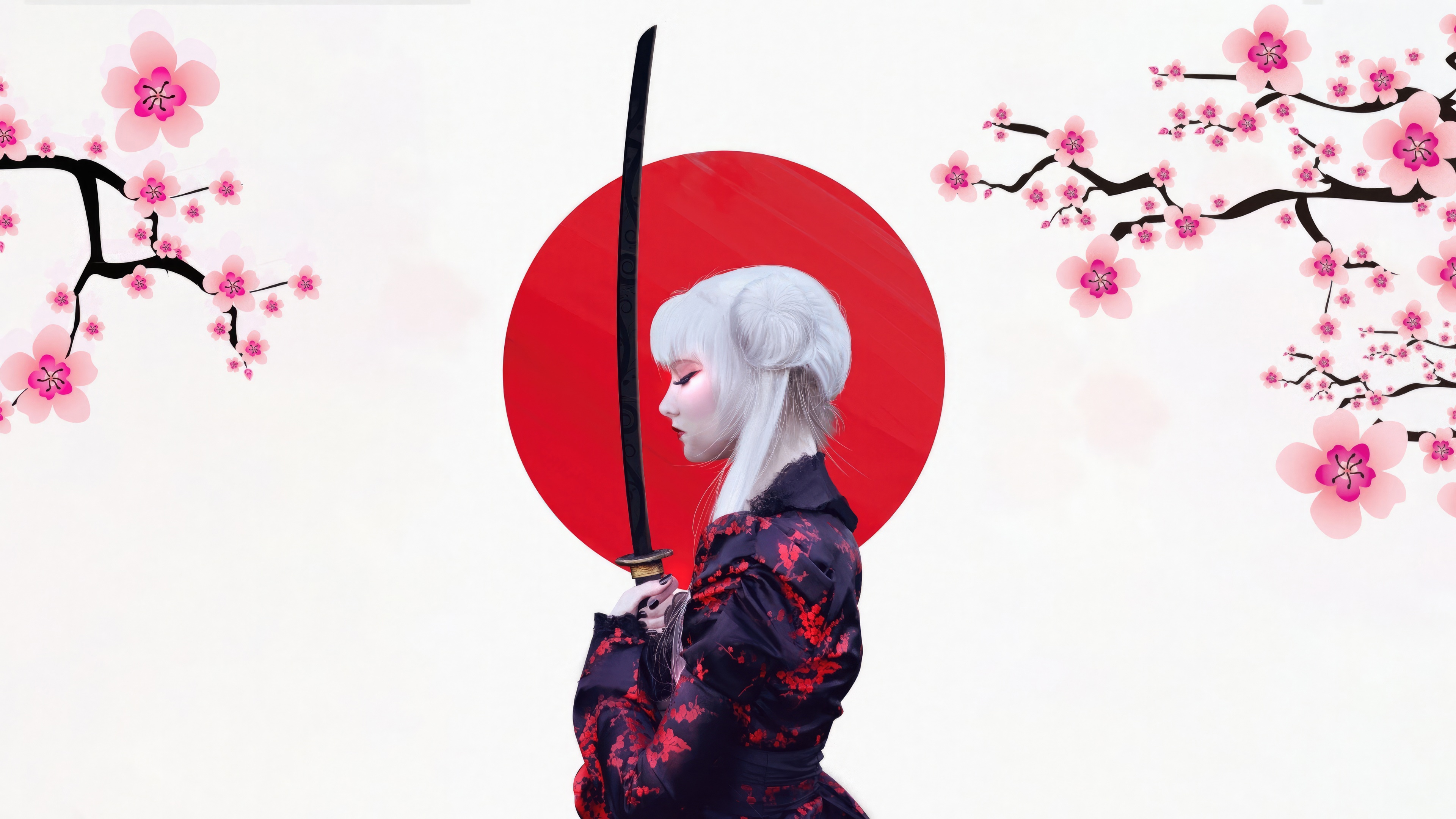 Samurai Girl with Katana and Cherry Blossoms HD Wallpaper