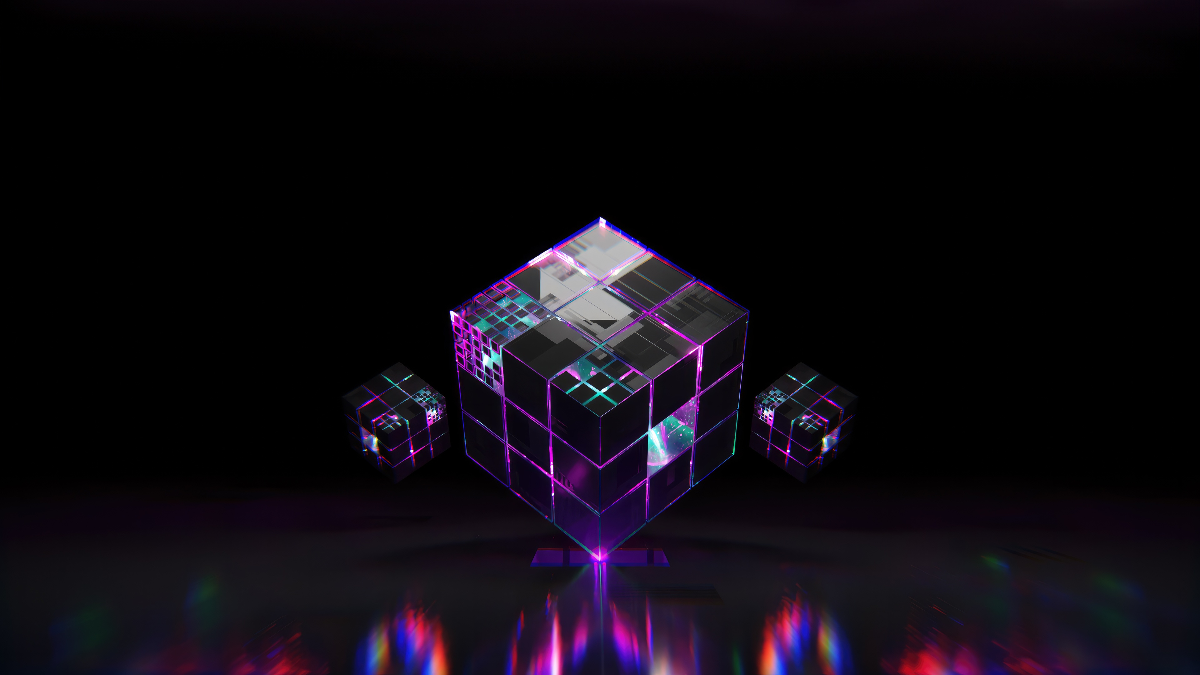 3D Cubes with Neon Lights on Black Background HD Wallpaper