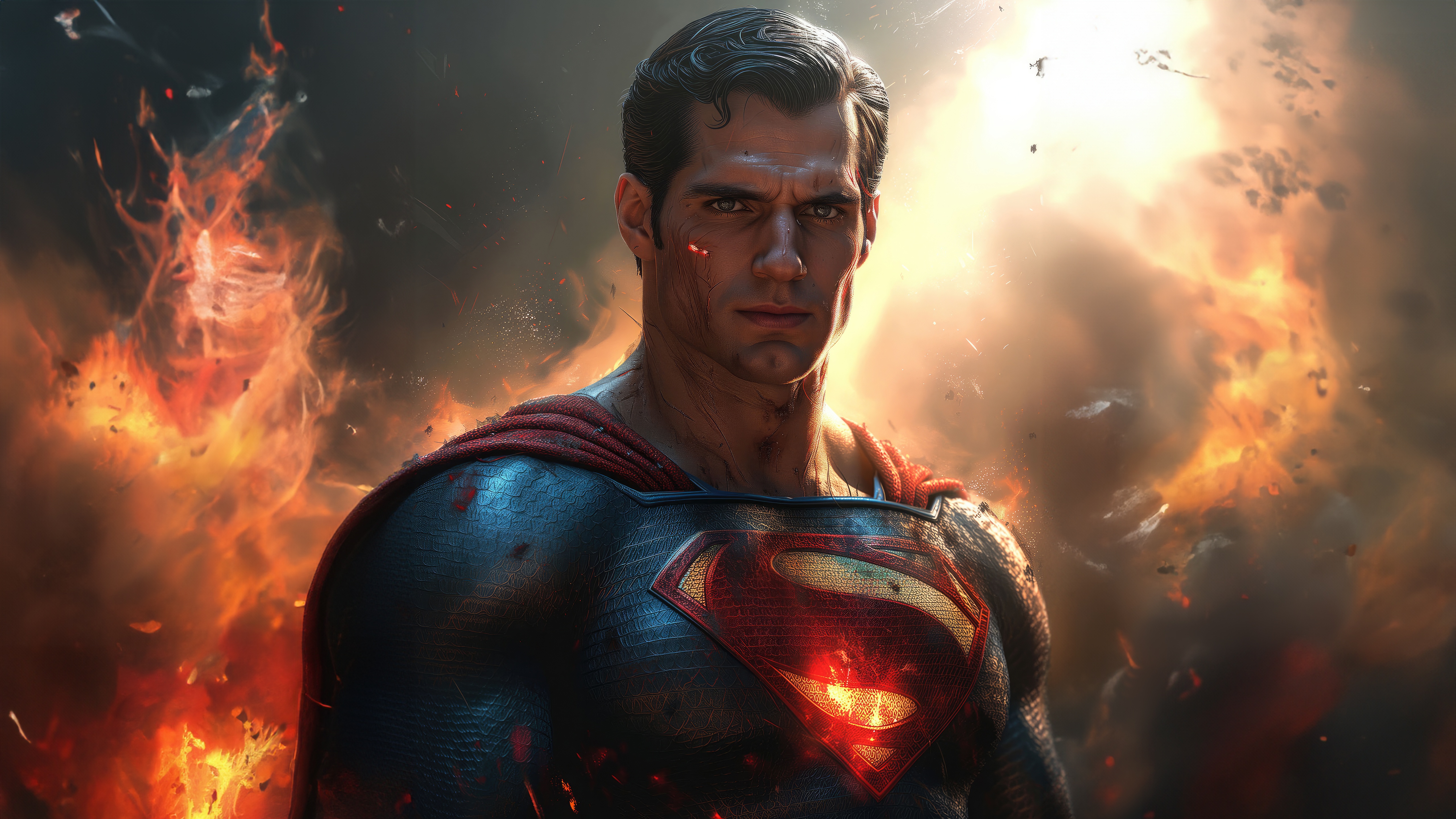 Superman in a fiery battle aftermath HD Wallpaper