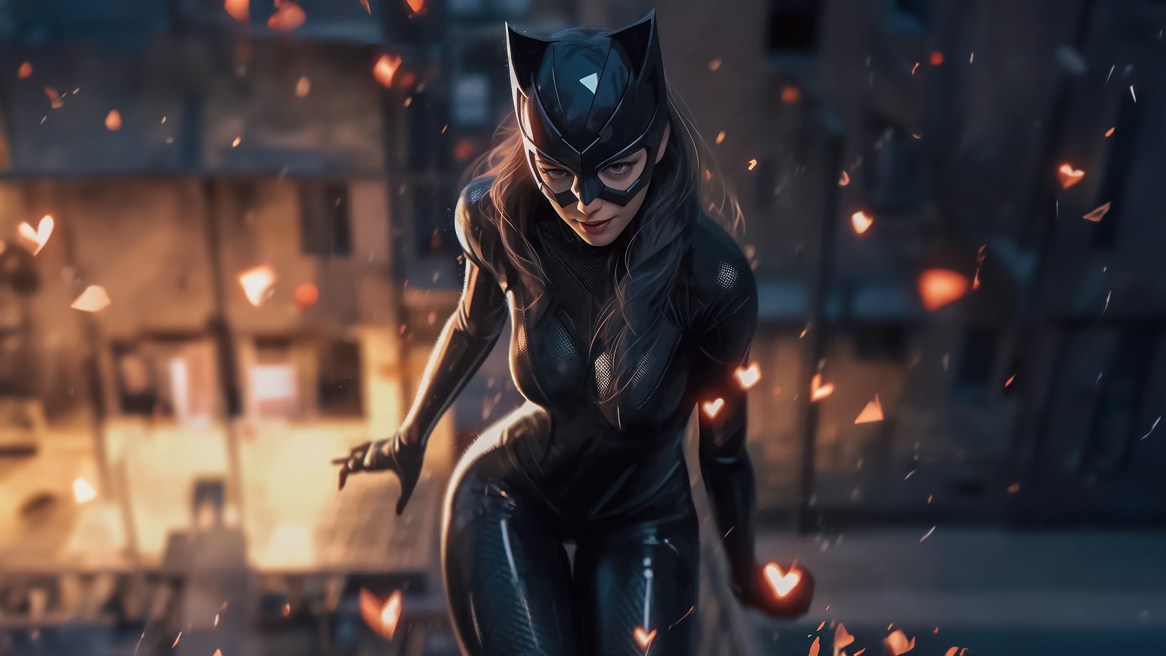 Catwoman in a black suit with heart-shaped confetti HD Wallpaper