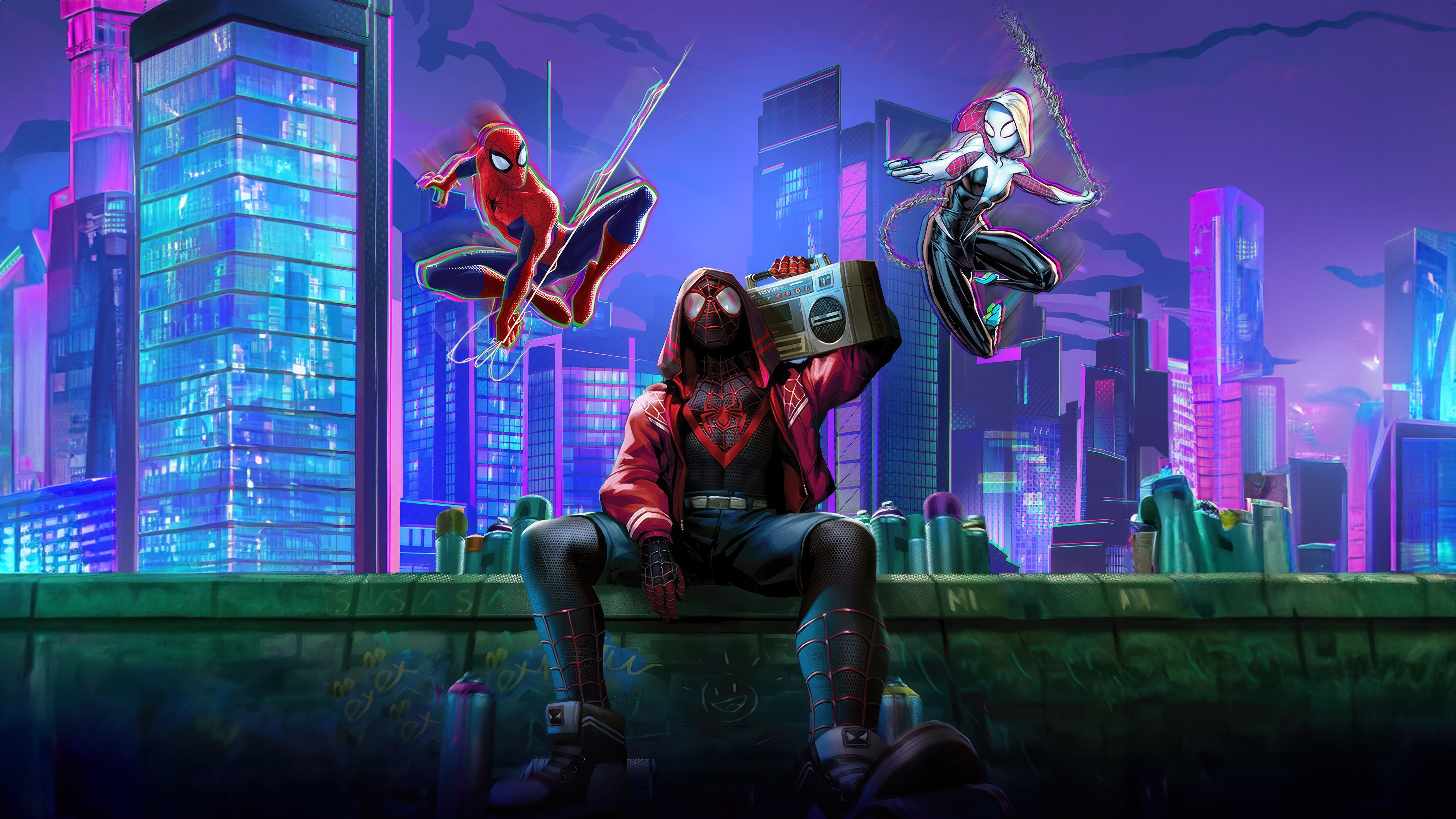 Miles Morales and Gwen Stacy in a neon city HD Wallpaper