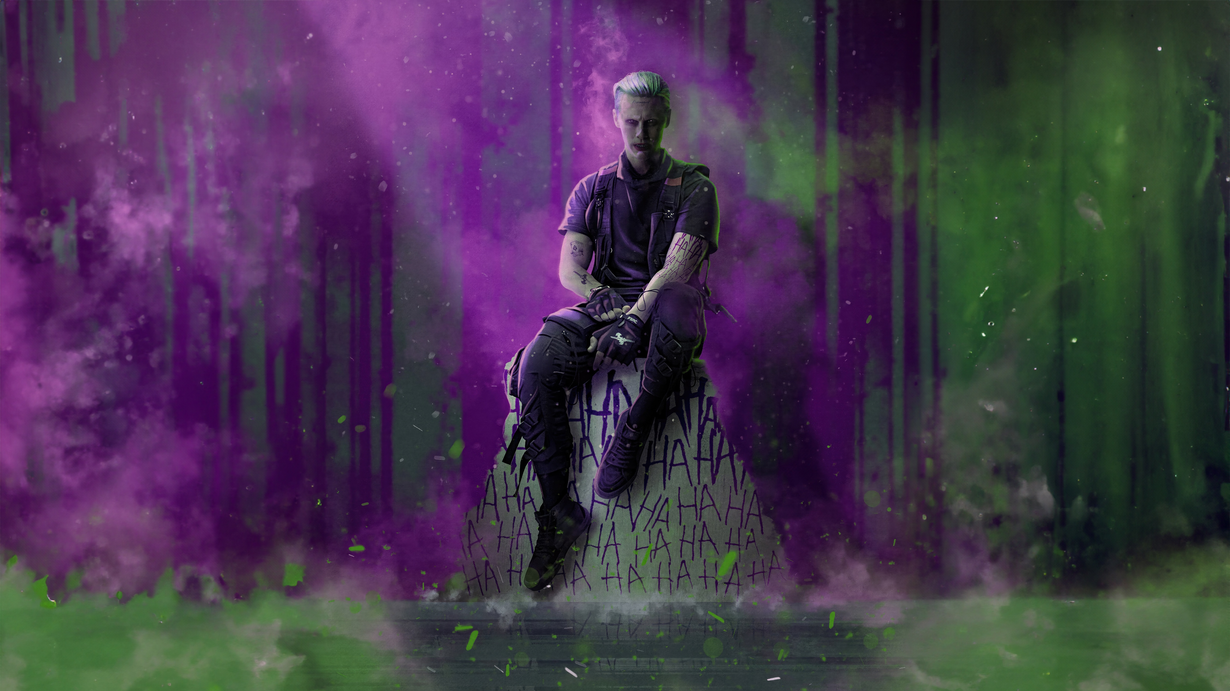 Joker sitting on a stone with 'HA HA' inscriptions HD Wallpaper
