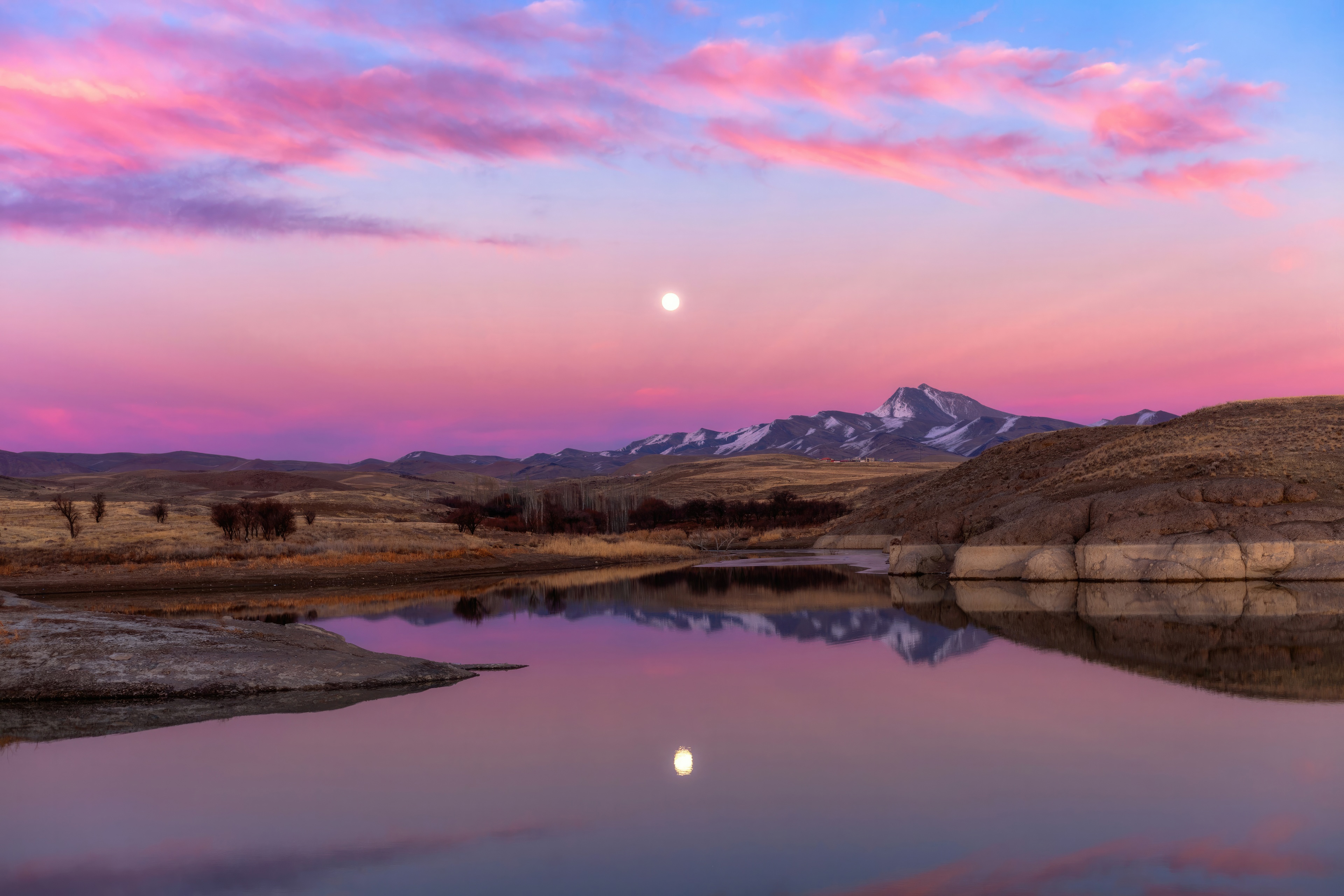 Full Moon Reflection Over Lake During Pink Sunset HD Wallpaper