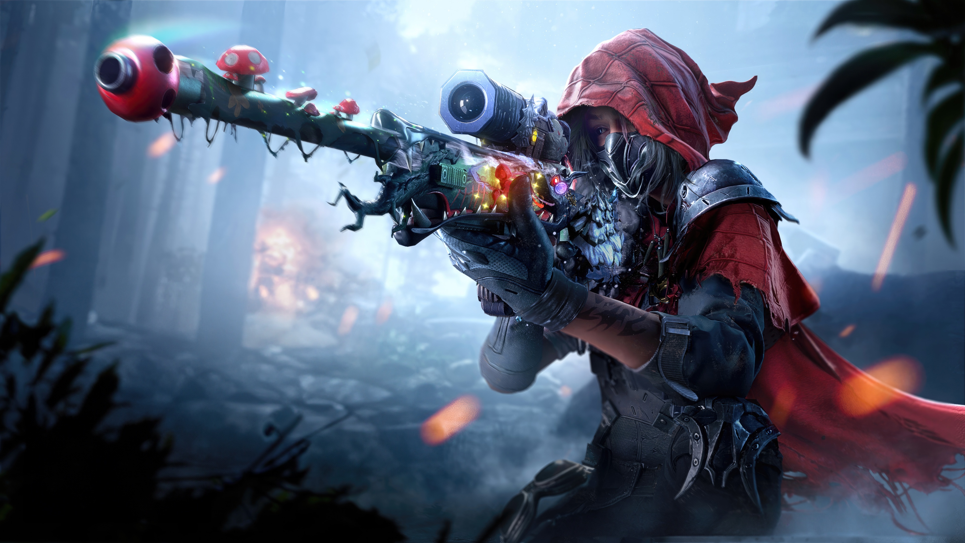 Crimson Cloak Character with Sniper Rifle in Forest HD Wallpaper