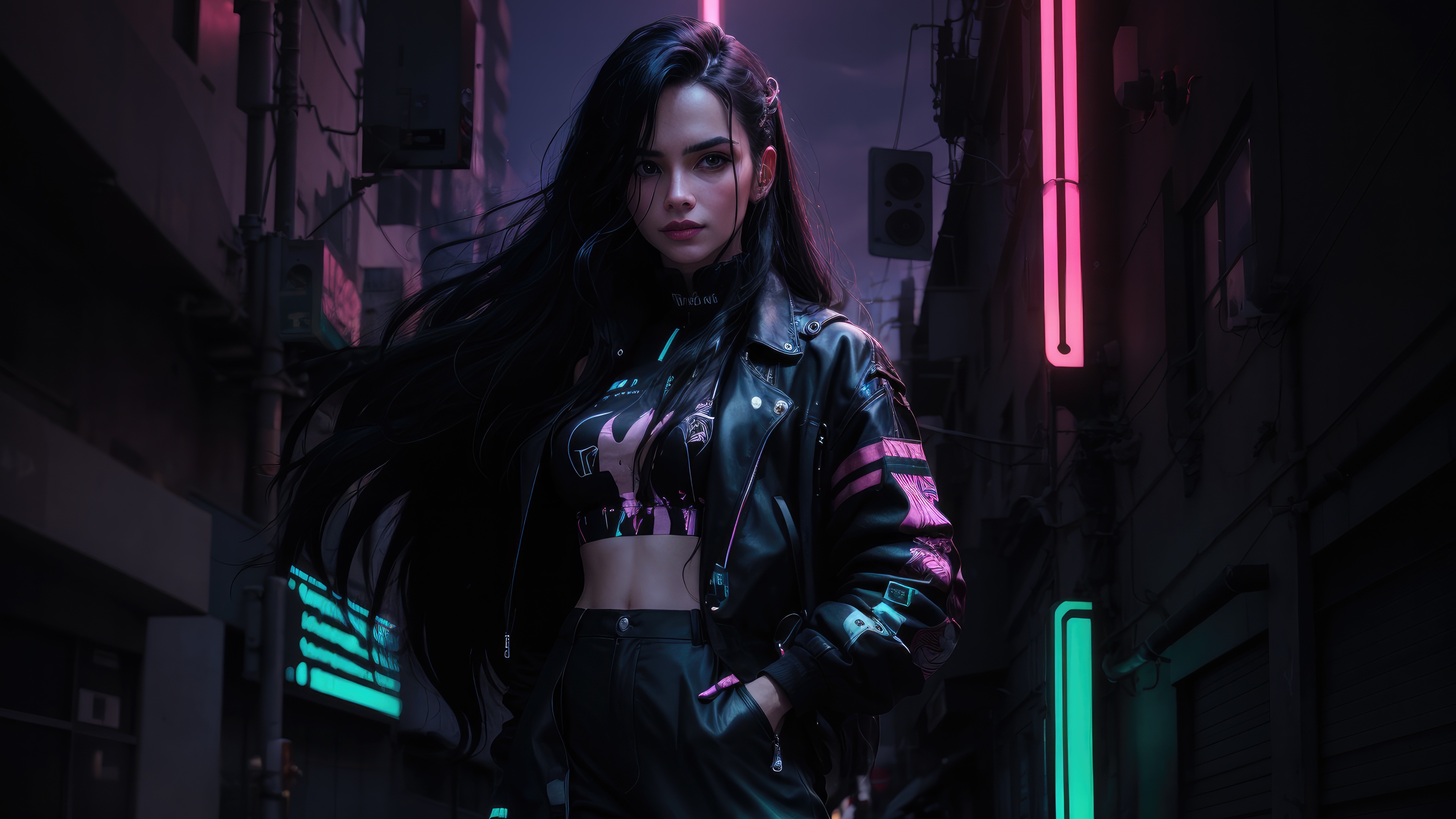 Cyberpunk girl in a neon-lit city alley HD Wallpaper