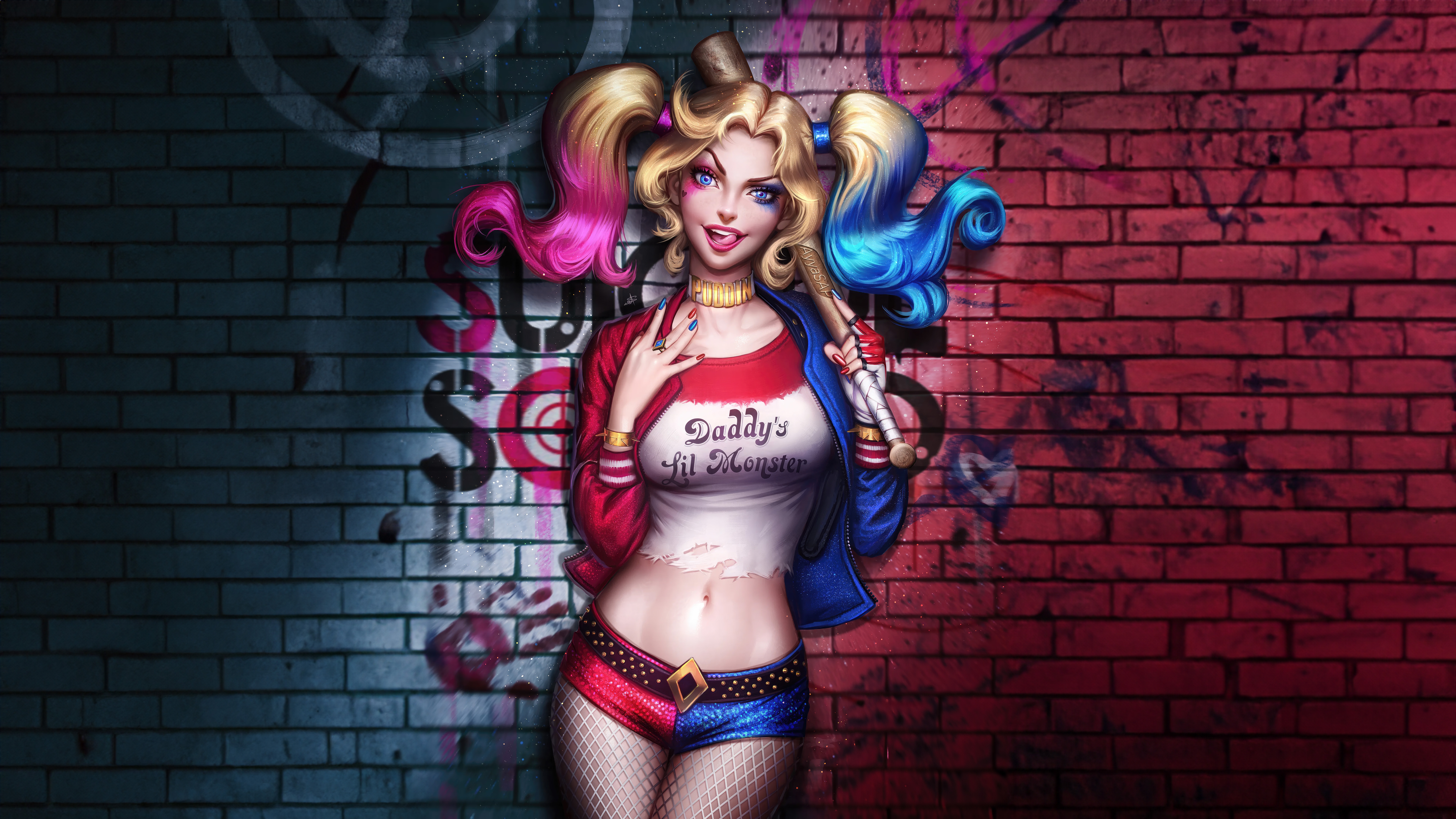 Harley Quinn with a baseball bat against a graffiti wall HD Wallpaper