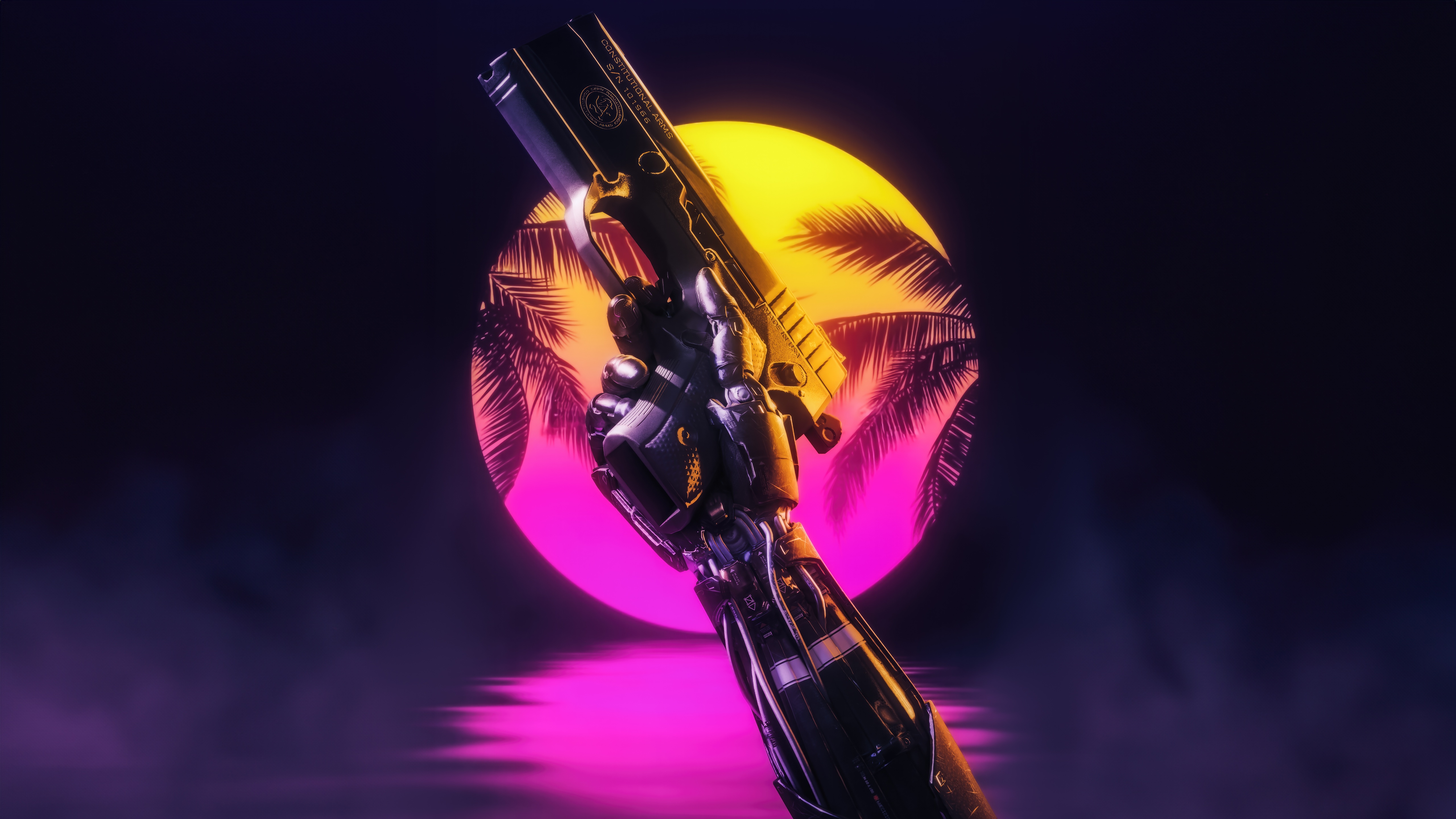 Cyberpunk robotic arm holding a gun with a sunset. HD Wallpaper