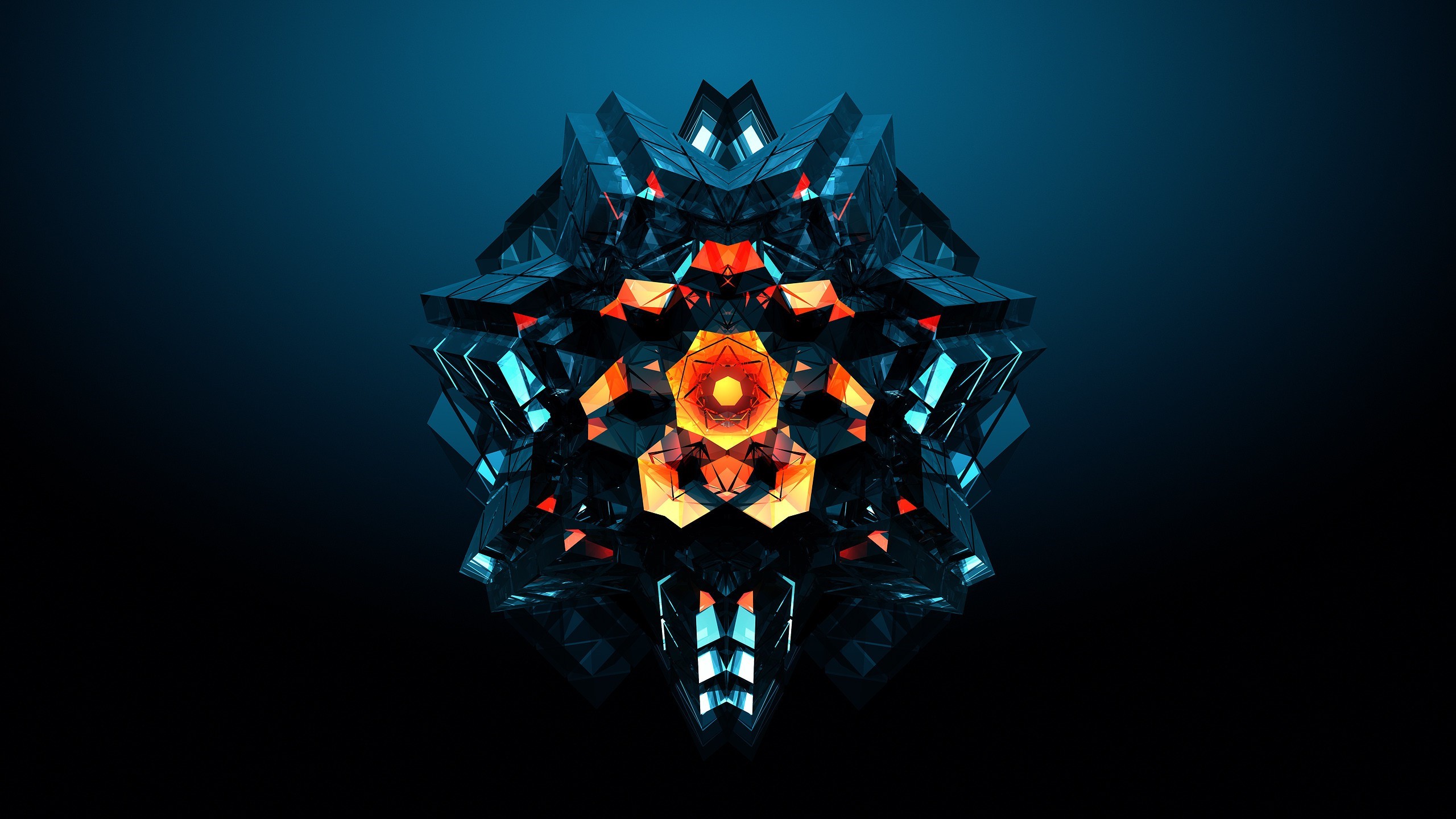 Abstract geometric 3D render with orange and blue facets HD Wallpaper