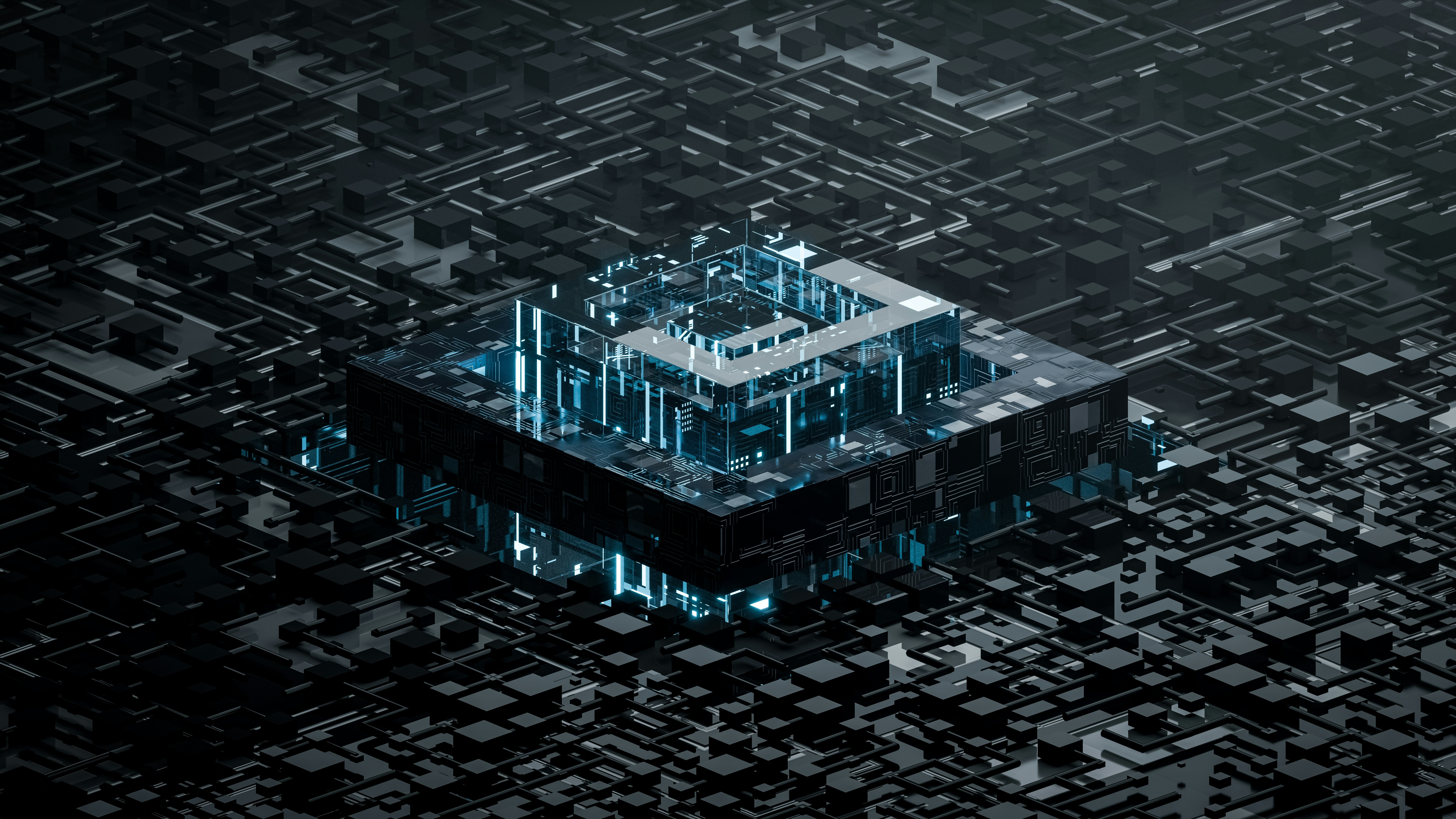 Abstract 3D circuit board with glowing blue core HD Wallpaper