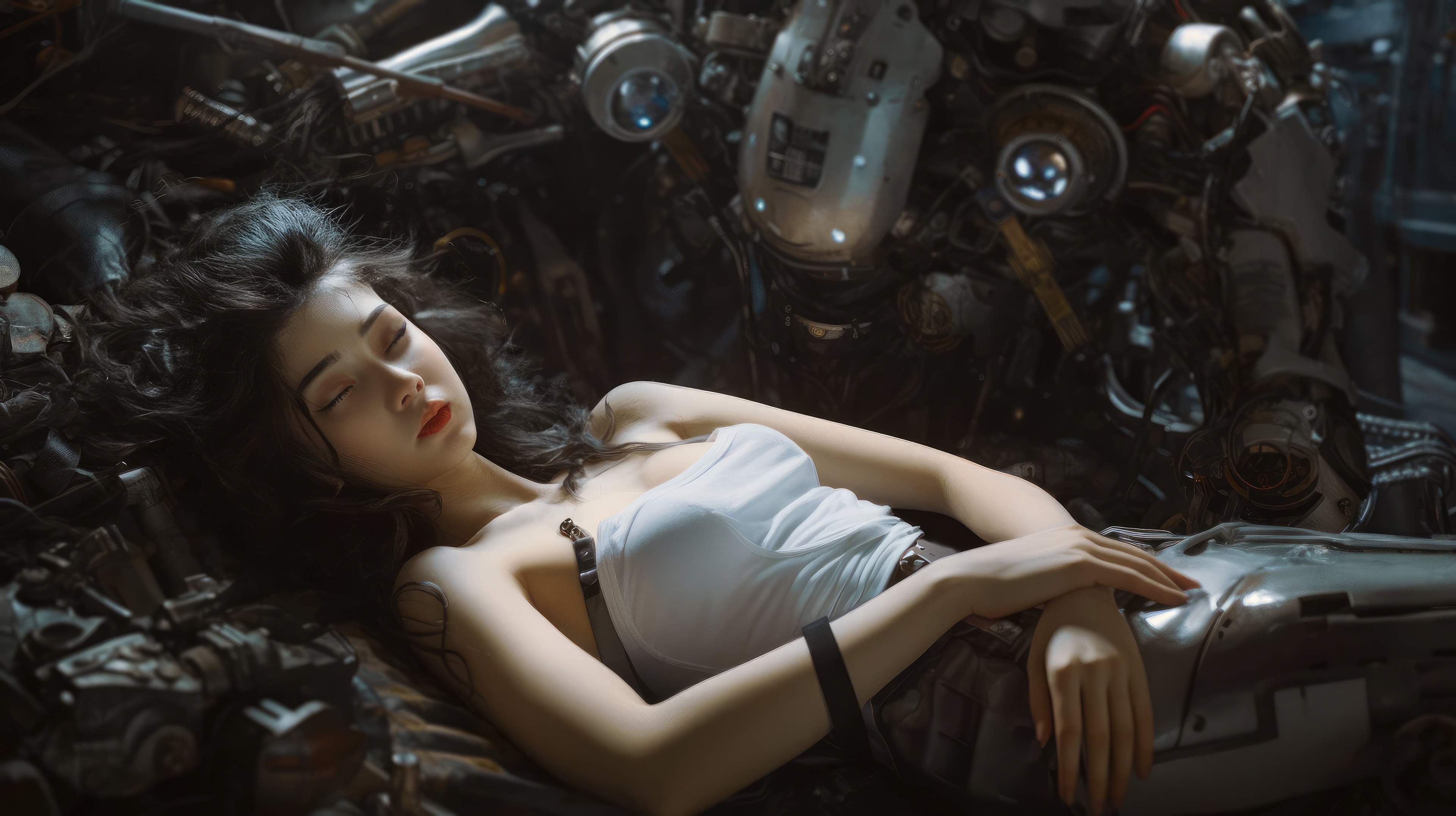 Cyborg Girl Sleeping Among Mechanical Debris HD Wallpaper