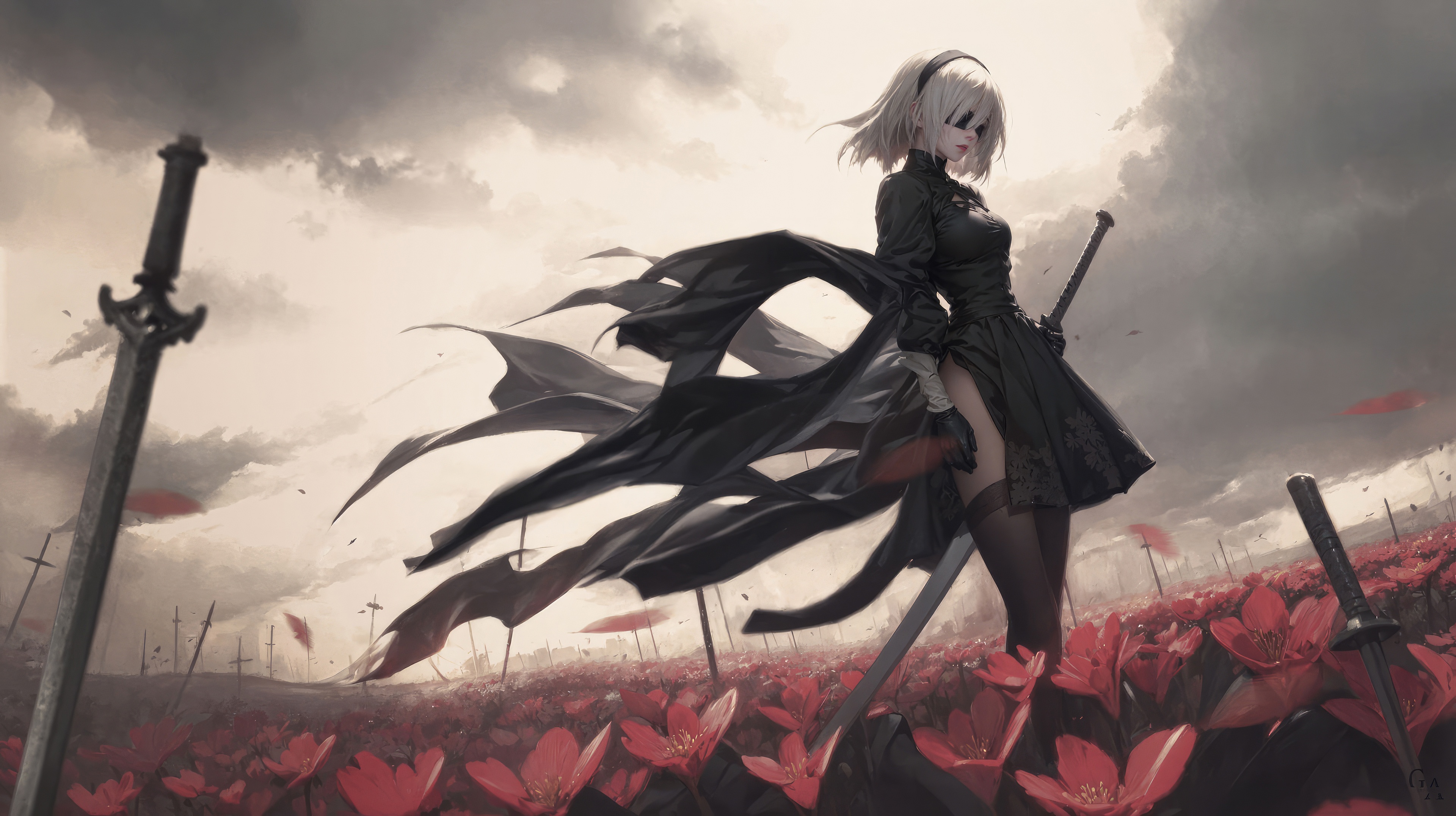 2B from Nier Automata in a field of red flowers HD Wallpaper