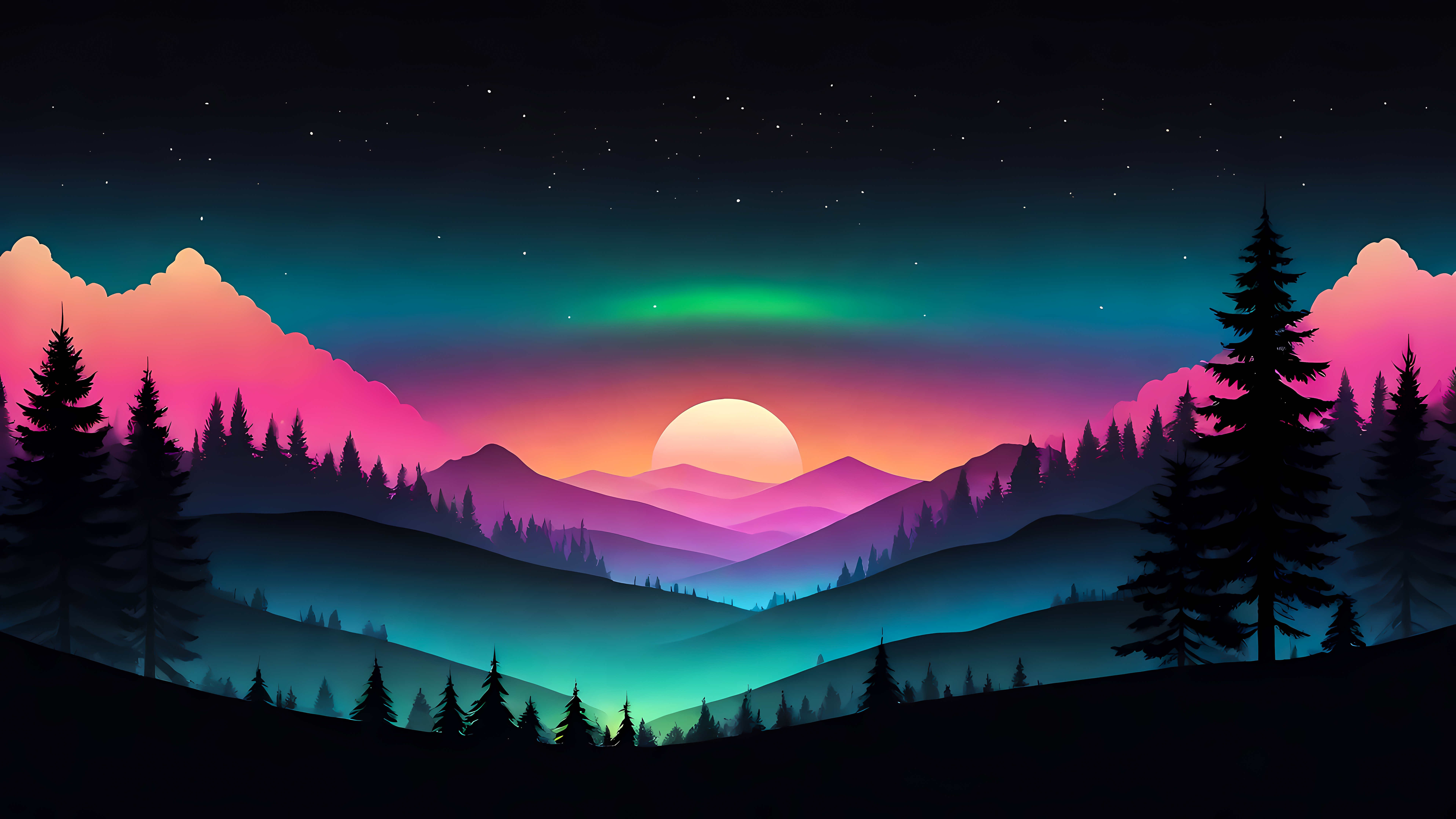 Minimalist Mountain Landscape with Aurora and Sunset HD Wallpaper