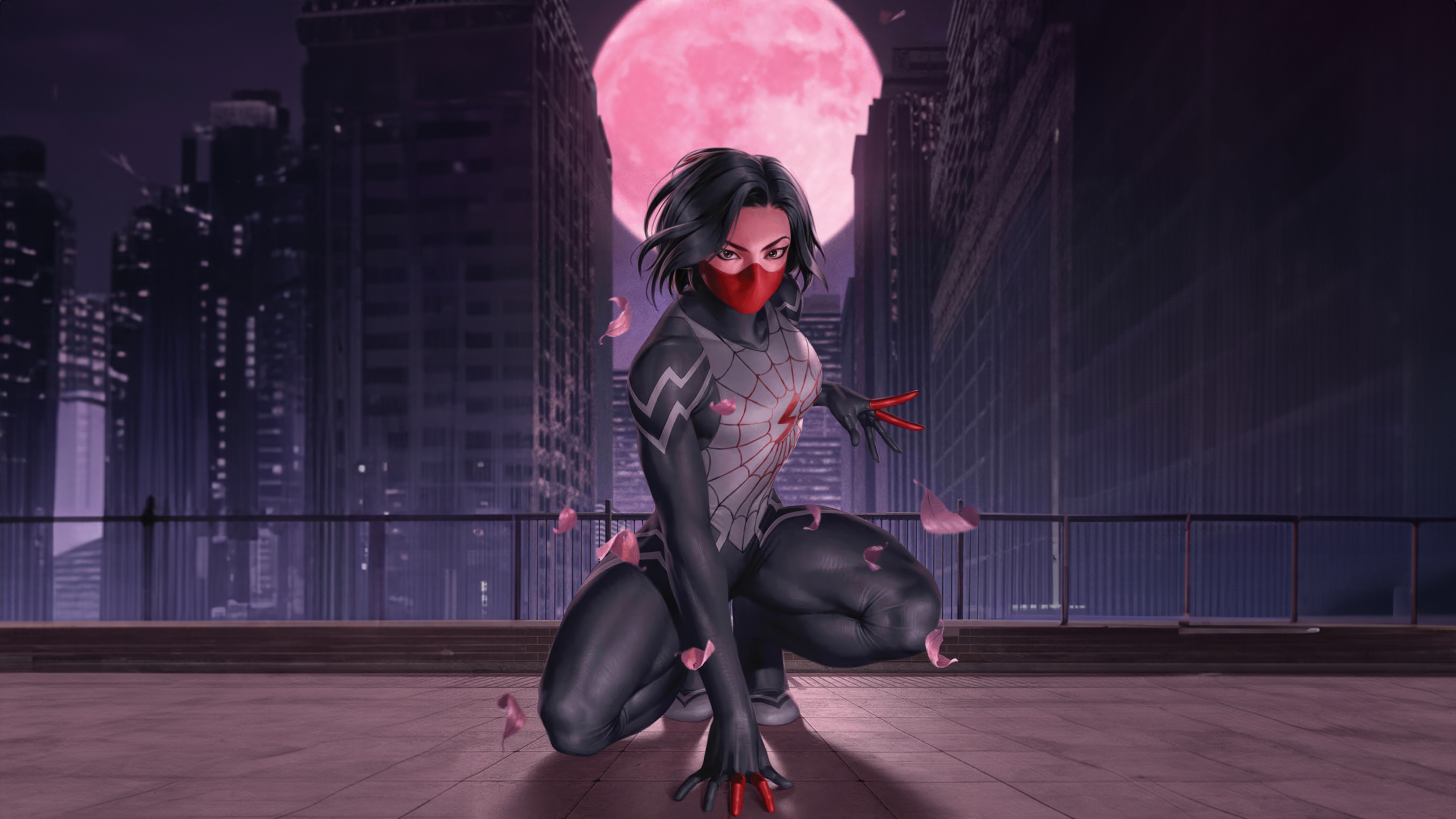 Silk Crouches on a Rooftop Under a Pink Moon HD Wallpaper