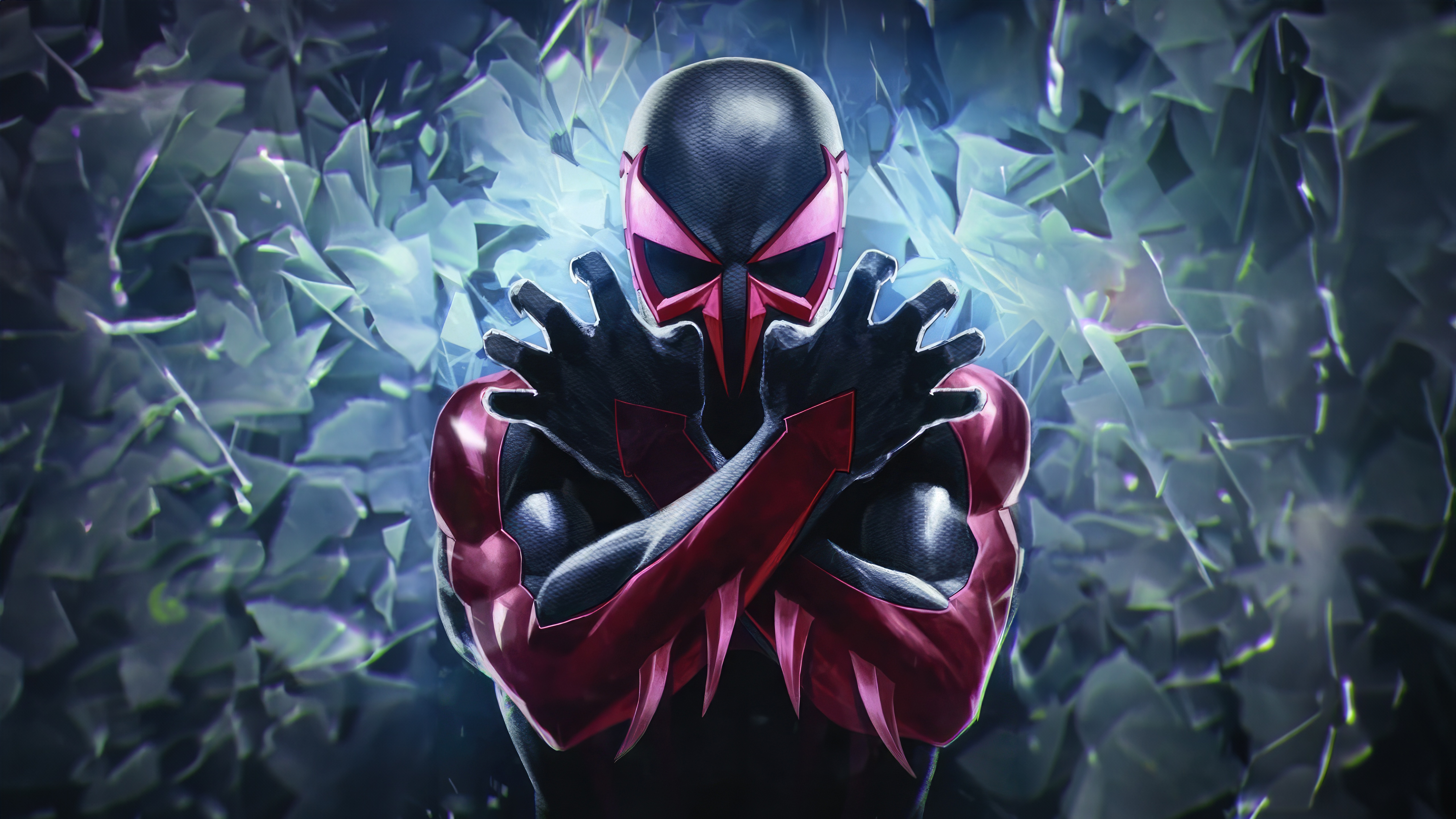 Spider-Man 2099 in front of shattered glass HD Wallpaper