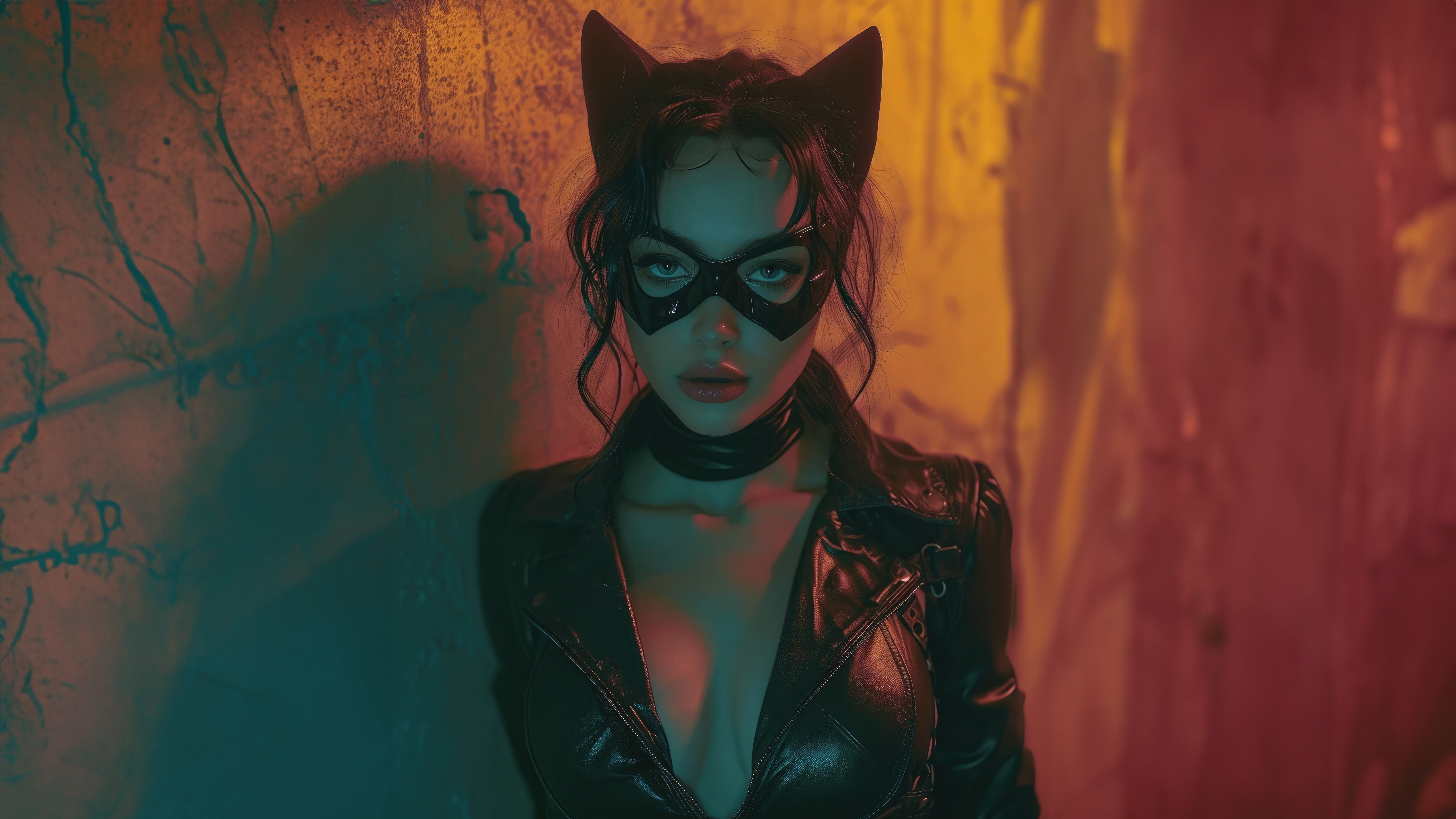 Catwoman in a black leather costume and mask HD Wallpaper