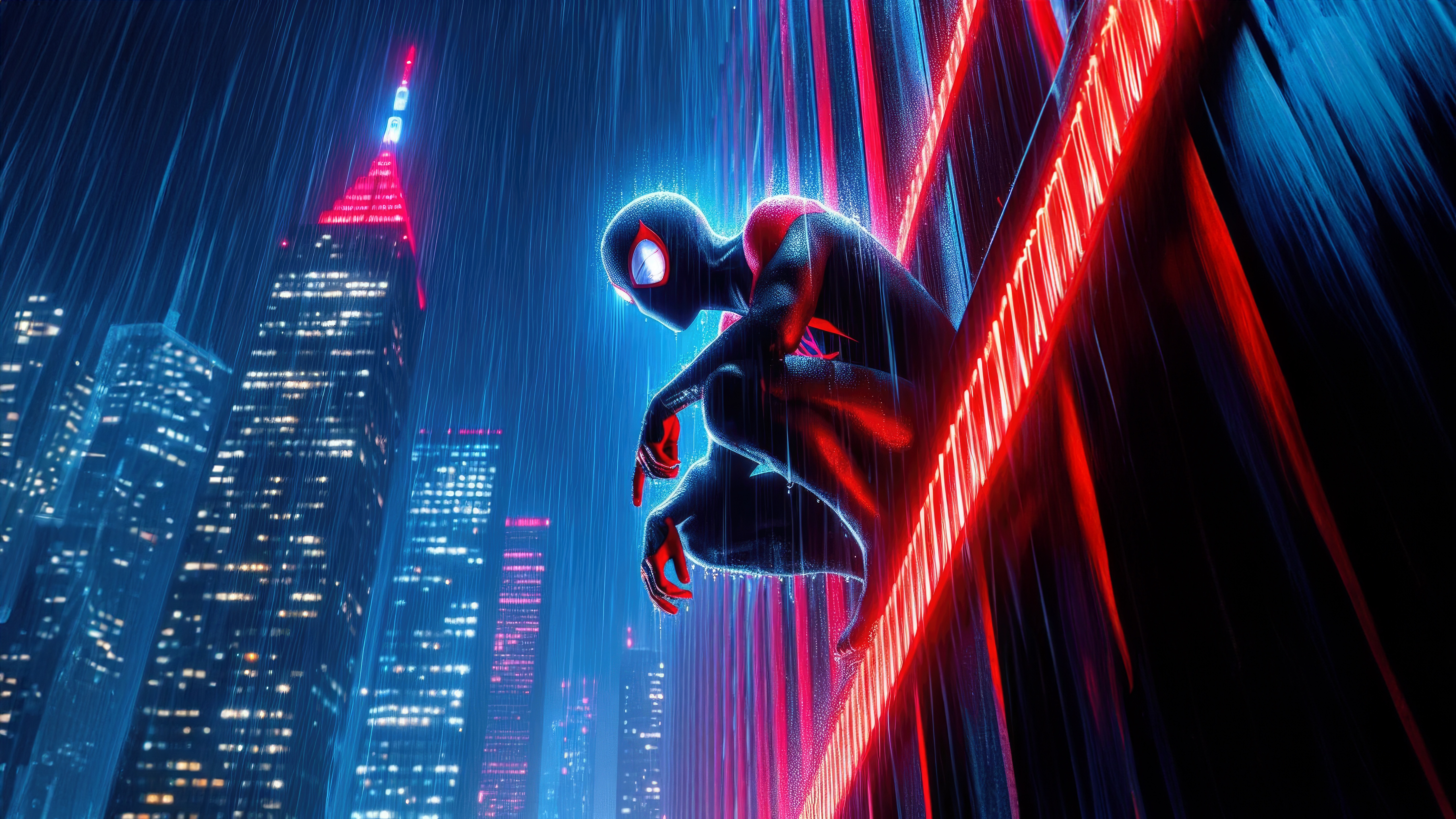 Spider-Man Crouching on a Building in the Rain HD Wallpaper