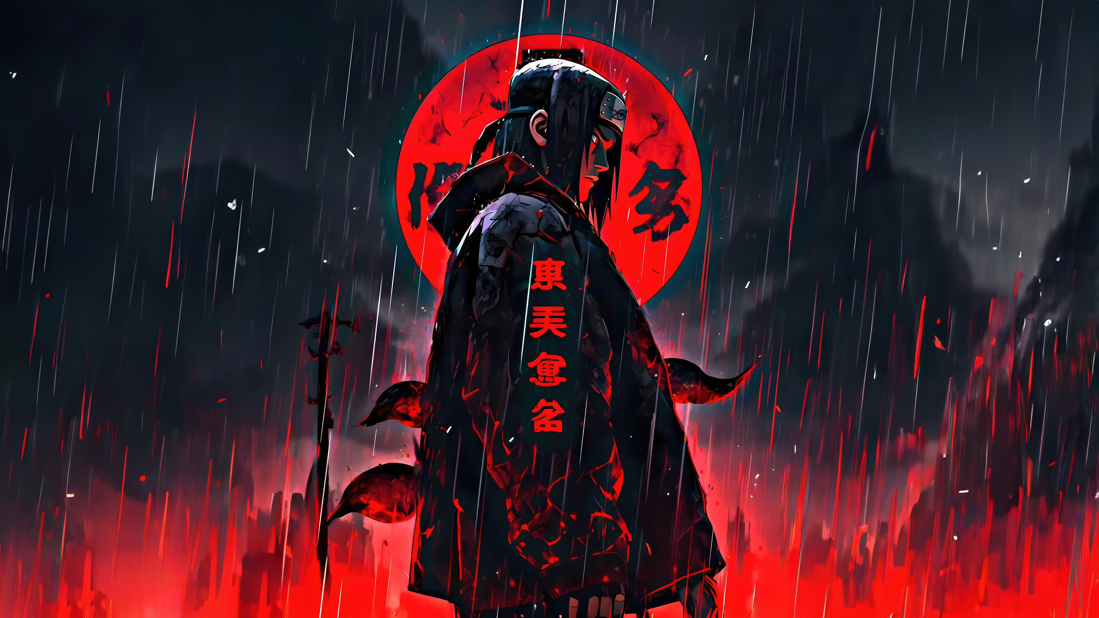 Itachi Uchiha in the rain with red moon HD Wallpaper