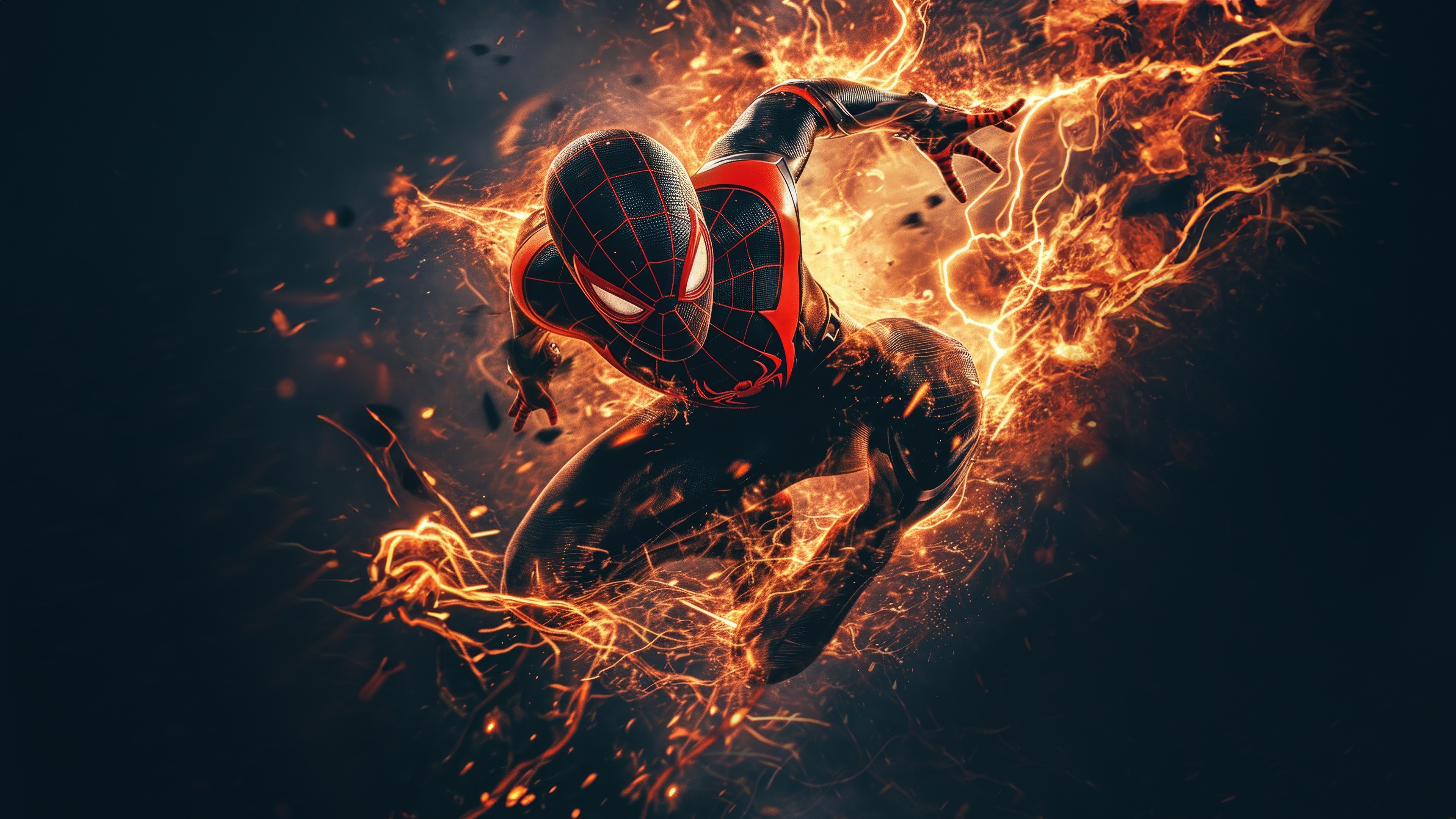 Miles Morales Surrounded by Fire and Lightning HD Wallpaper