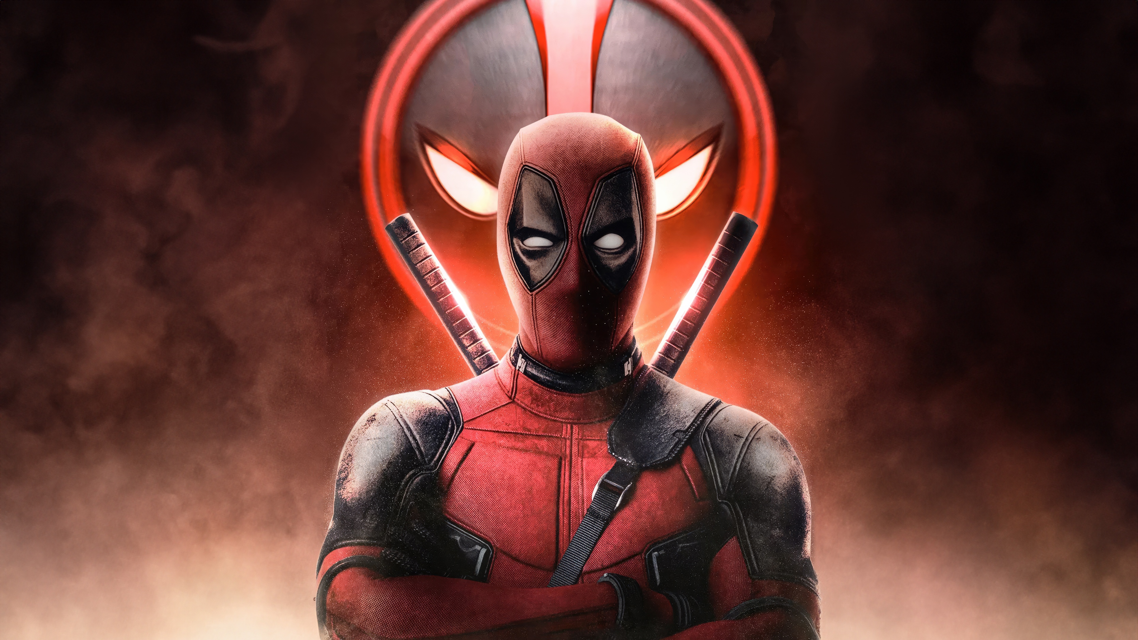 Deadpool with his logo and swords HD Wallpaper