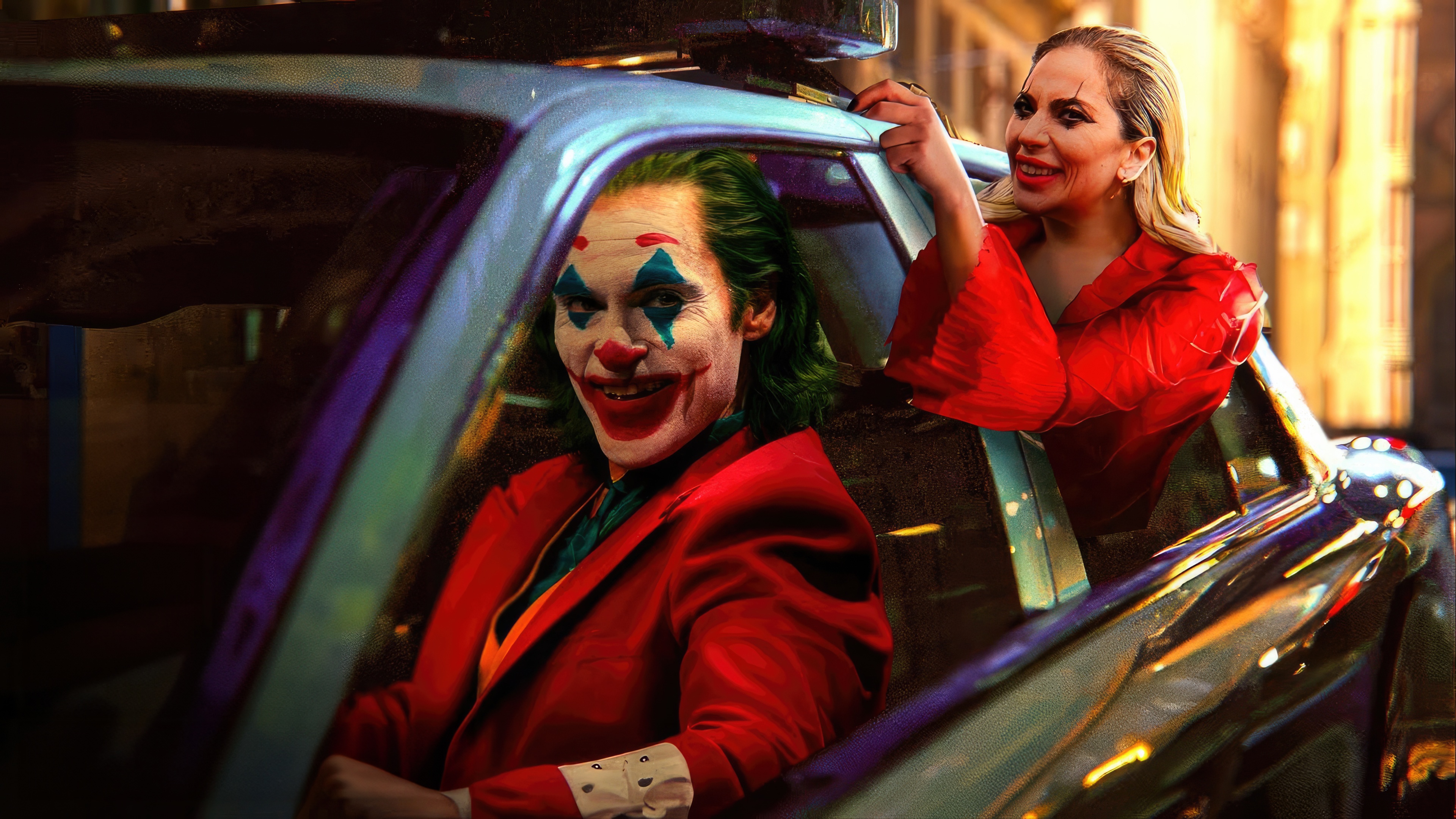 Joker and Harley Quinn in a car HD Wallpaper