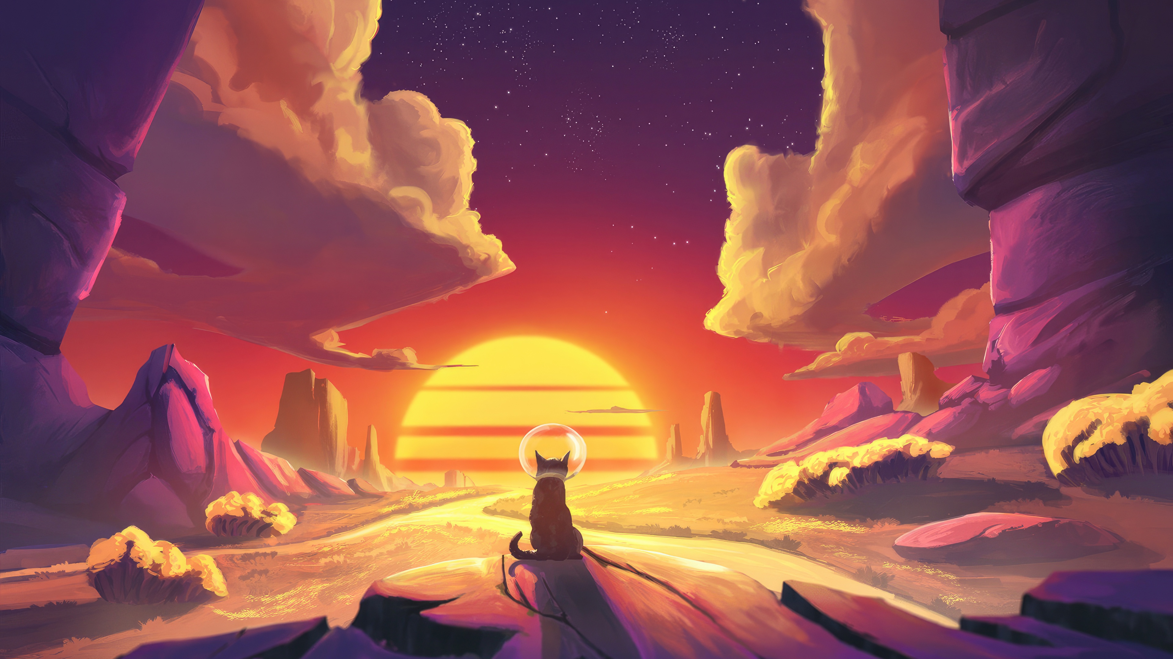 The Astrocat on an alien planet at sunset HD Wallpaper
