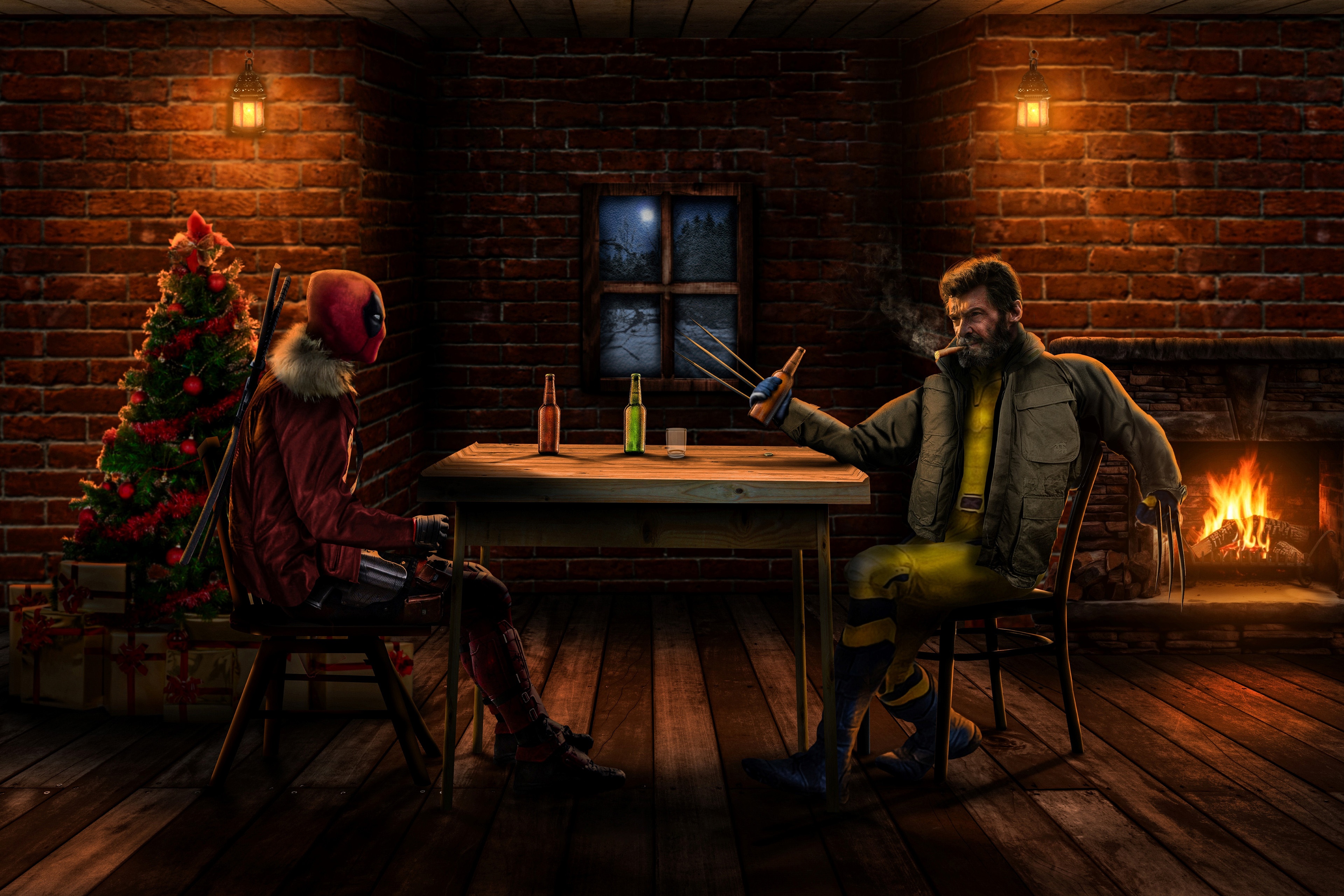 Deadpool and Wolverine drinking beer by a fireplace HD Wallpaper