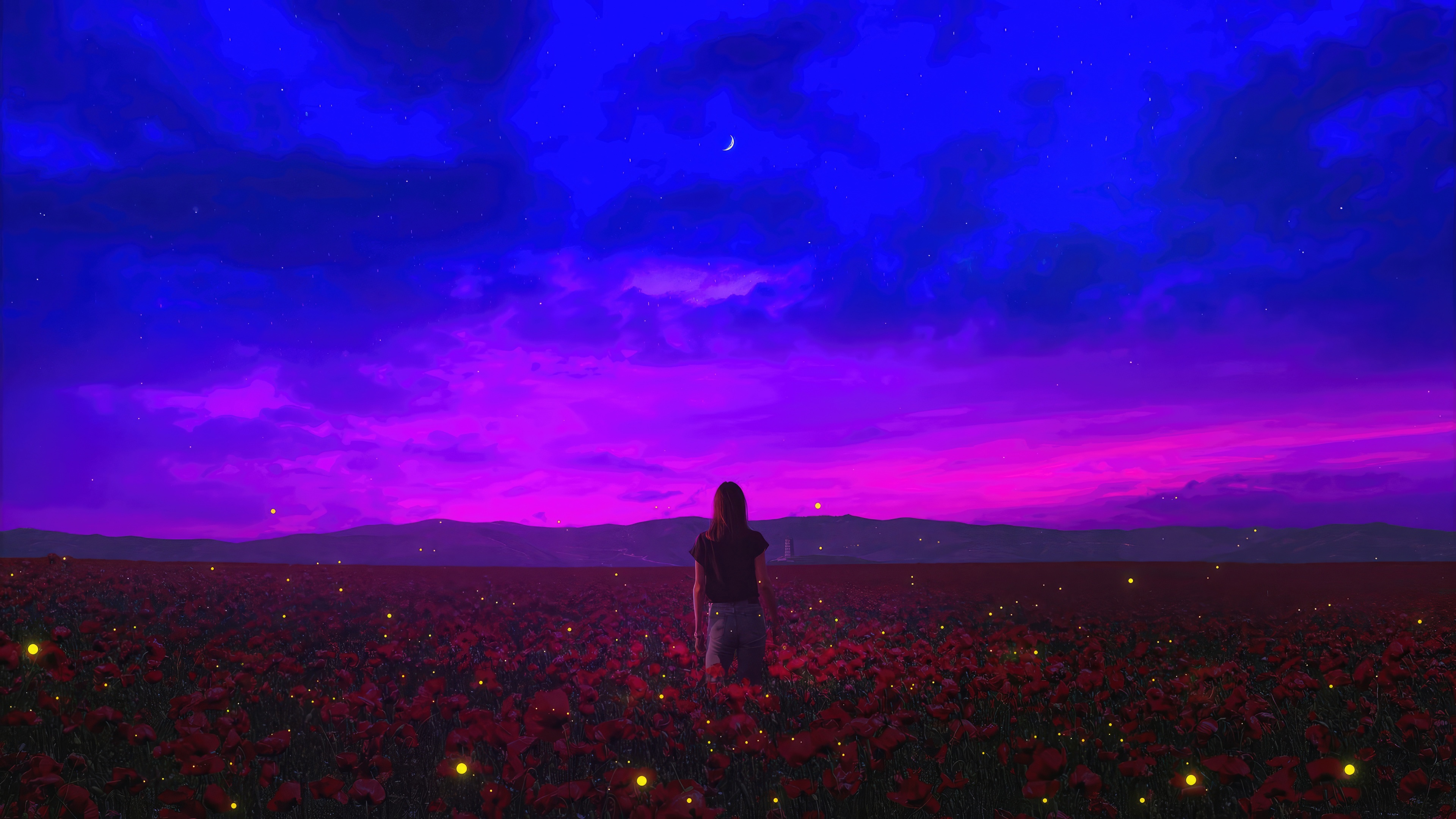 Girl in a field of red flowers at night HD Wallpaper