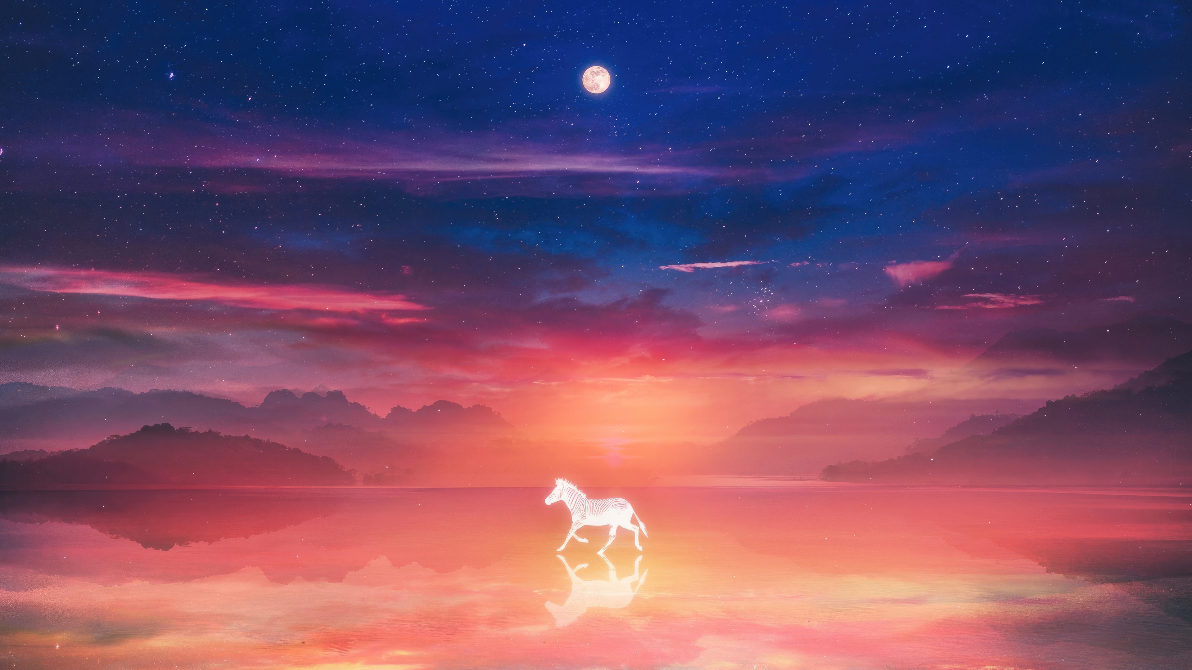 White Zebra Running on Water Under Moonlit Sky HD Wallpaper