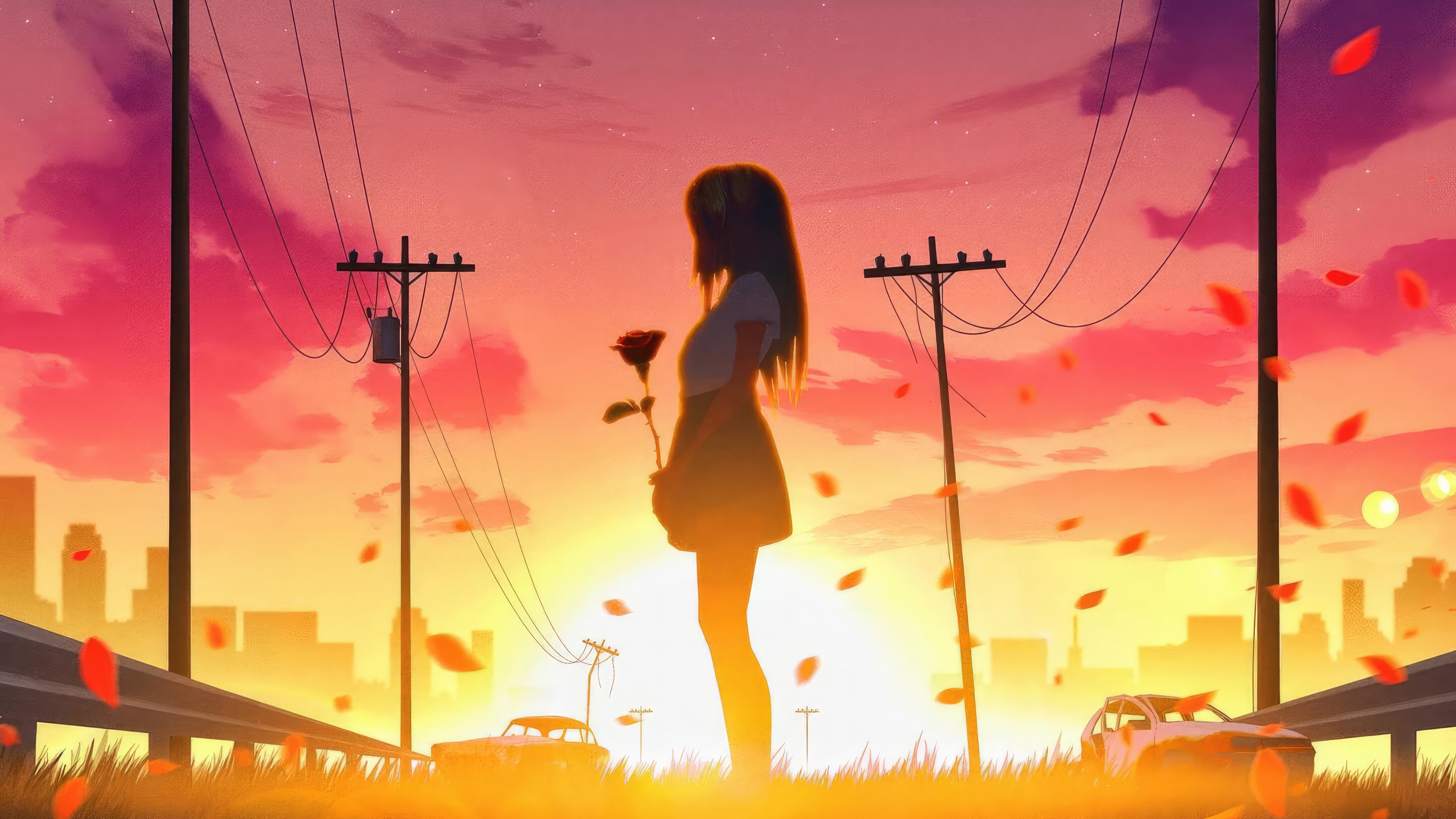 Girl Holding Rose at Sunset with Cityscape HD Wallpaper