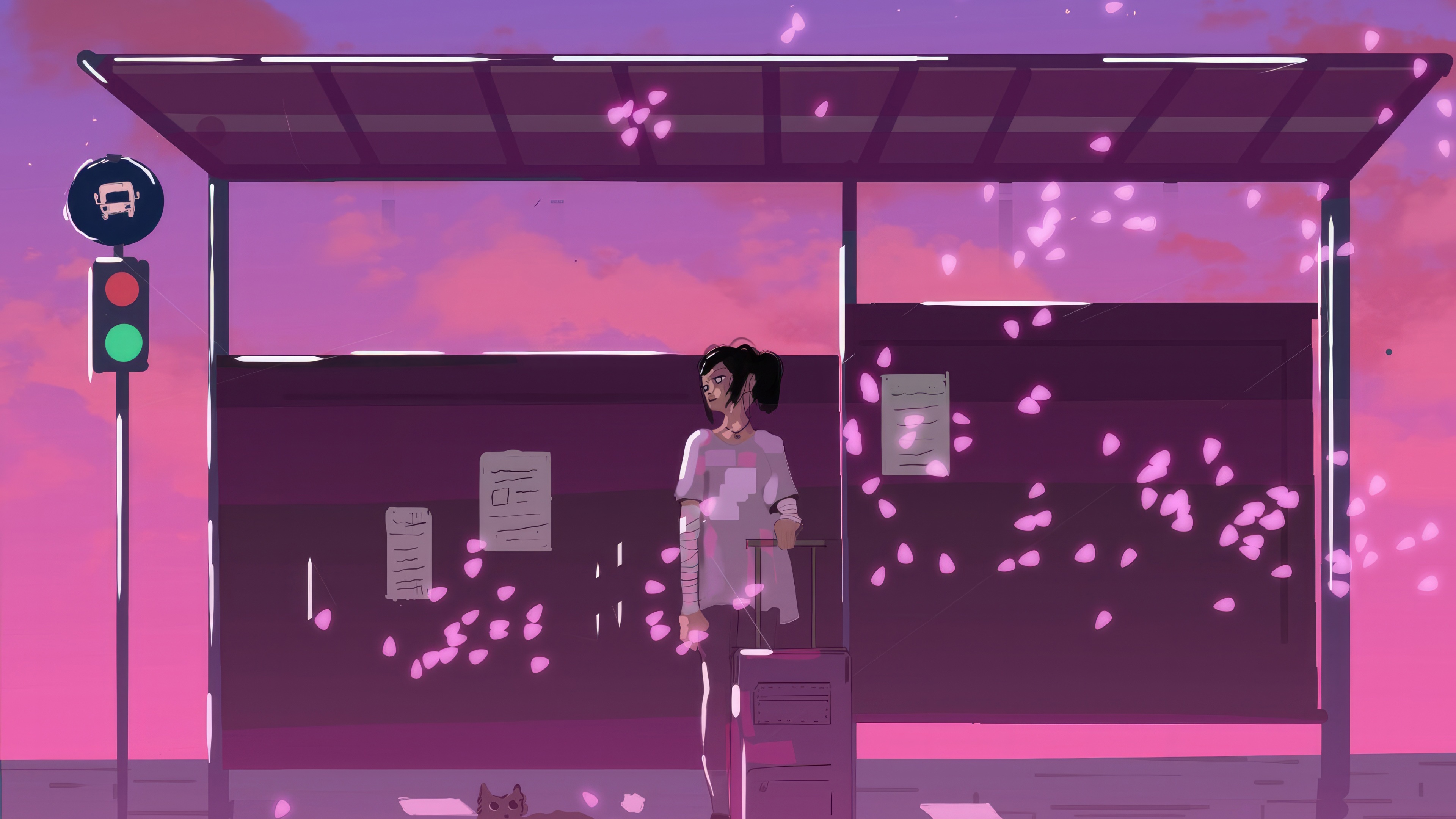 Girl waiting at a bus stop with falling petals HD Wallpaper