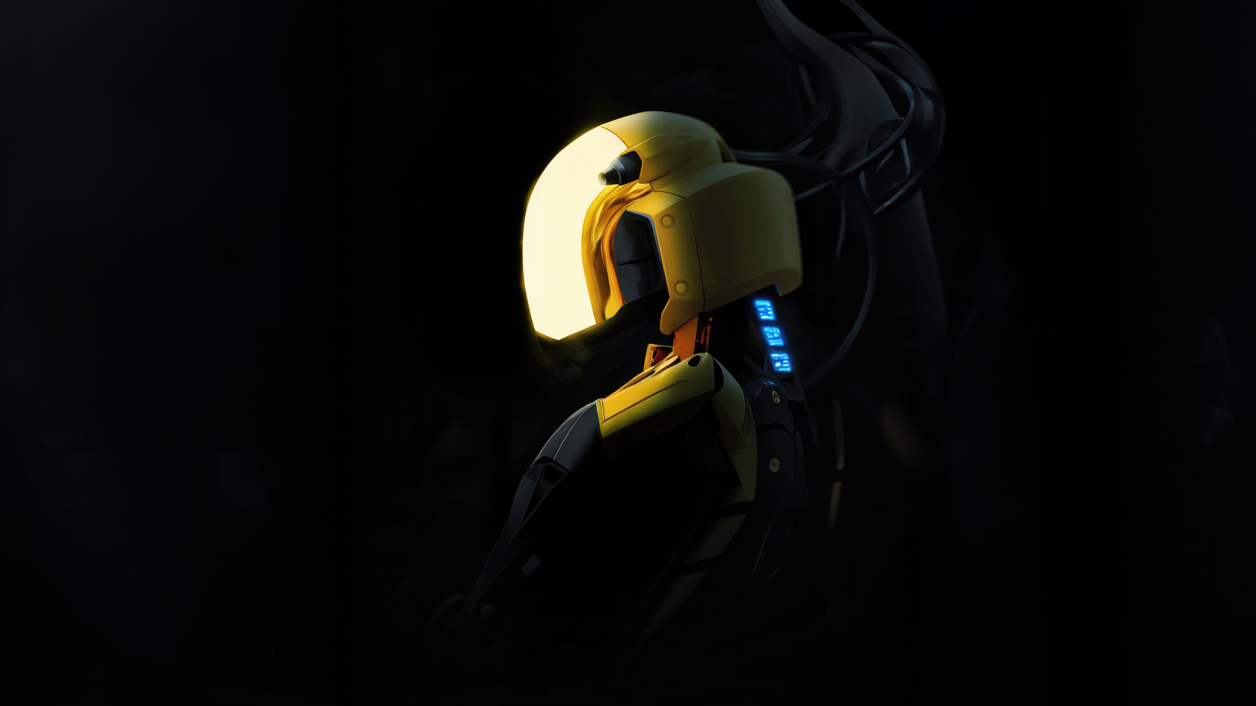 Yellow robot with glowing helmet in darkness HD Wallpaper