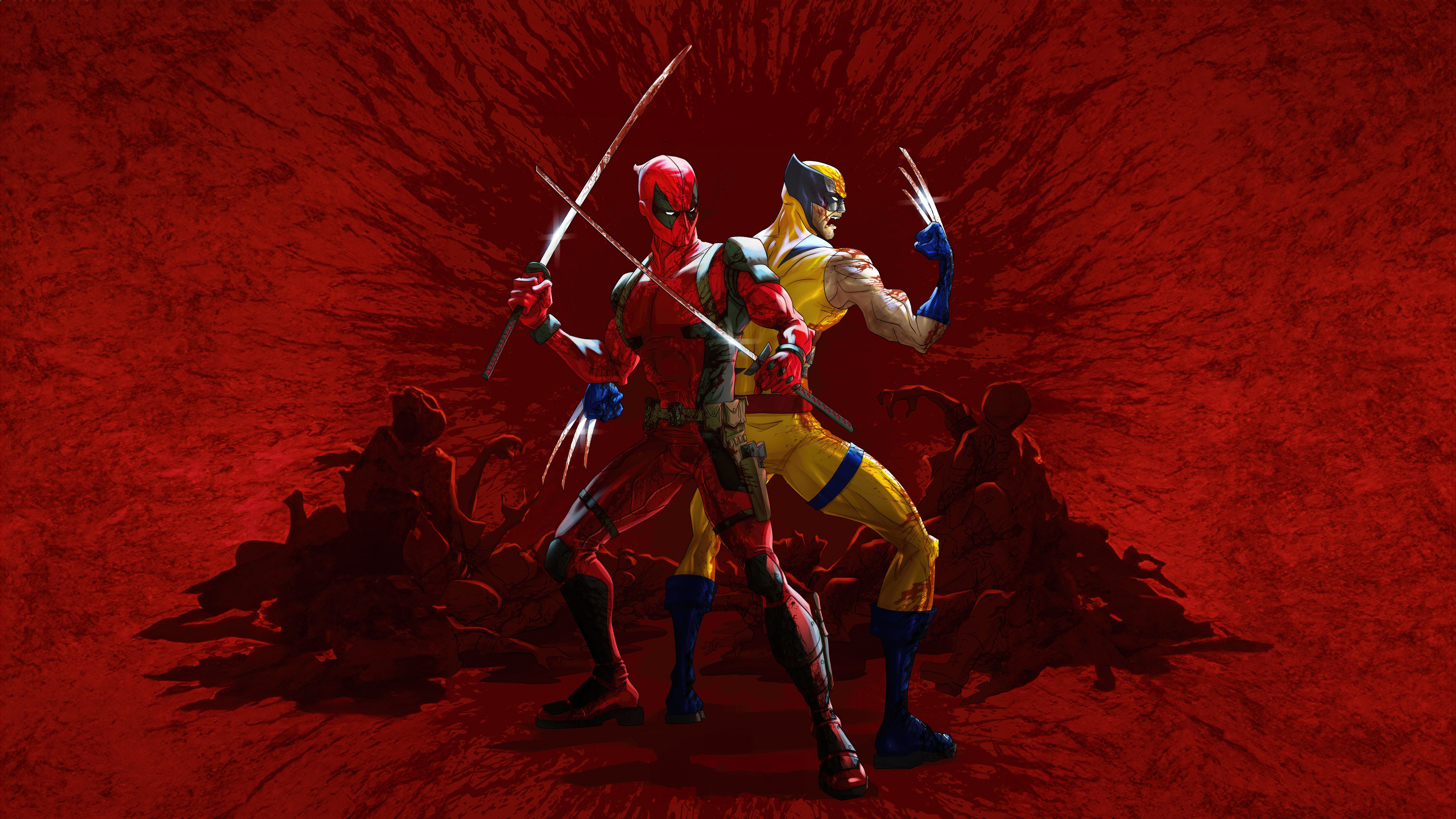Deadpool and Wolverine in a Blood Splatter Arena HD Wallpaper