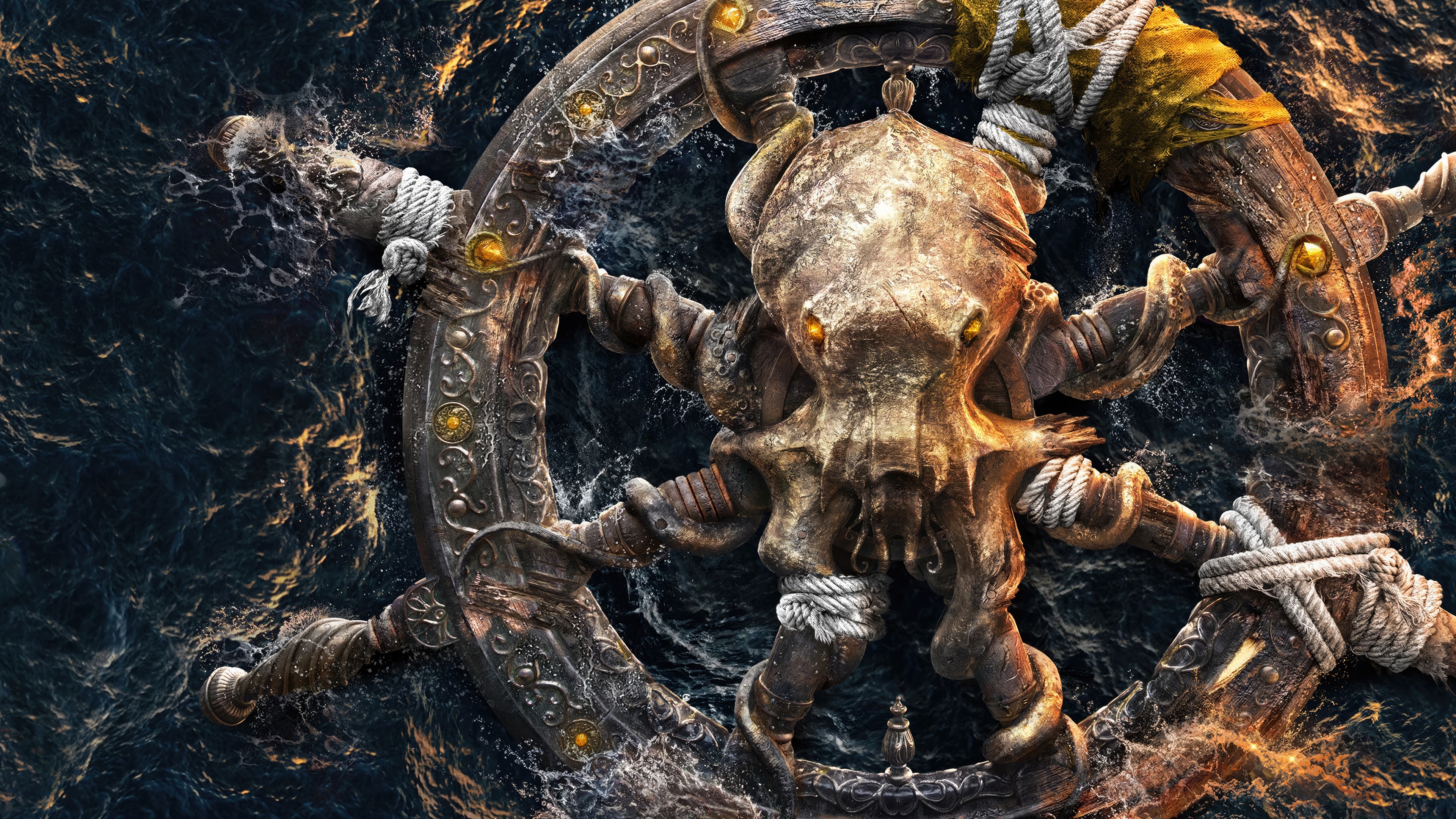Octopus Kraken on a Ship's Wheel in the Ocean HD Wallpaper