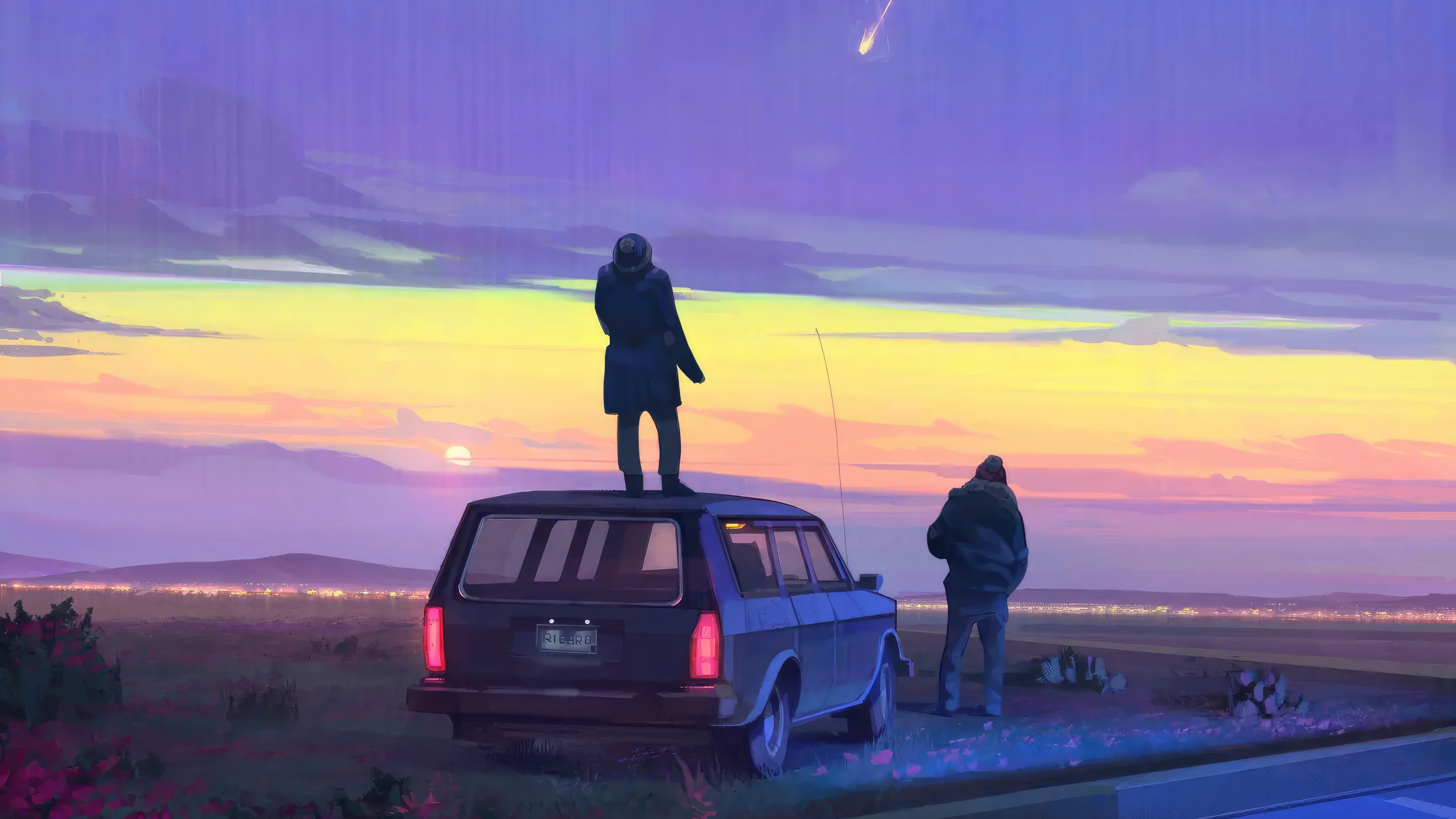 Two people watch a meteor shower from a car HD Wallpaper