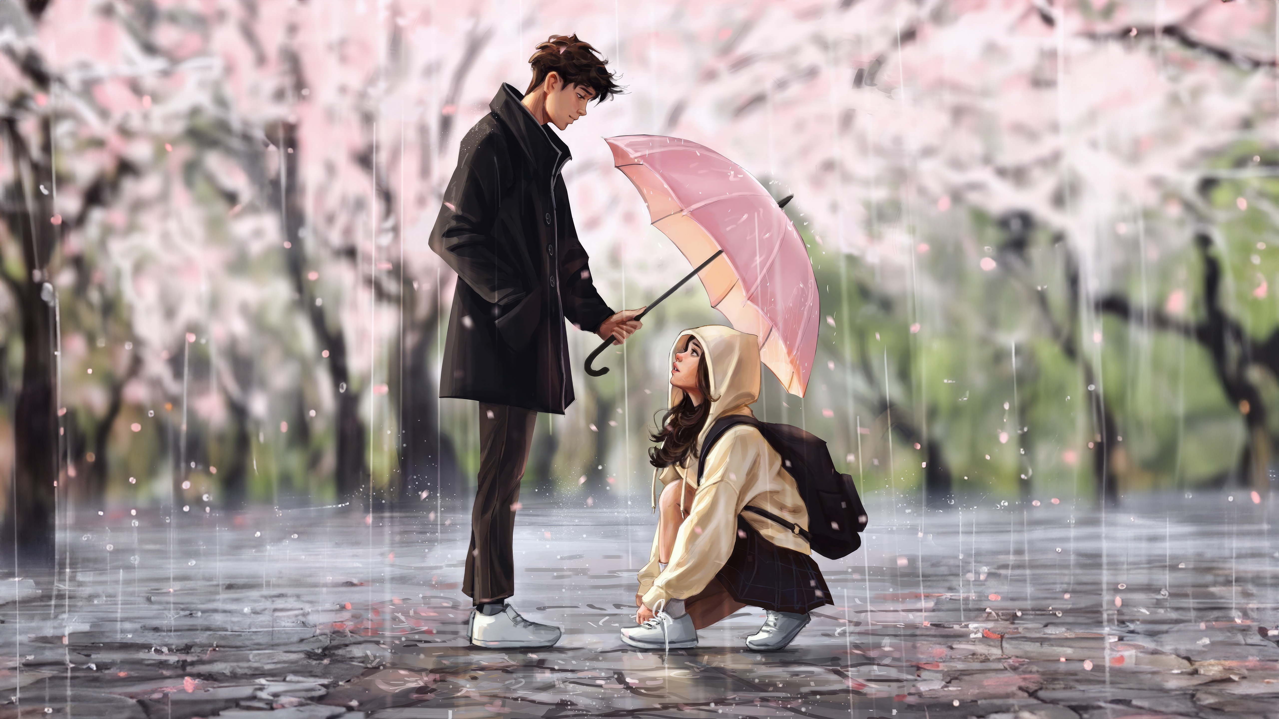 Couple sharing an umbrella in the rain HD Wallpaper