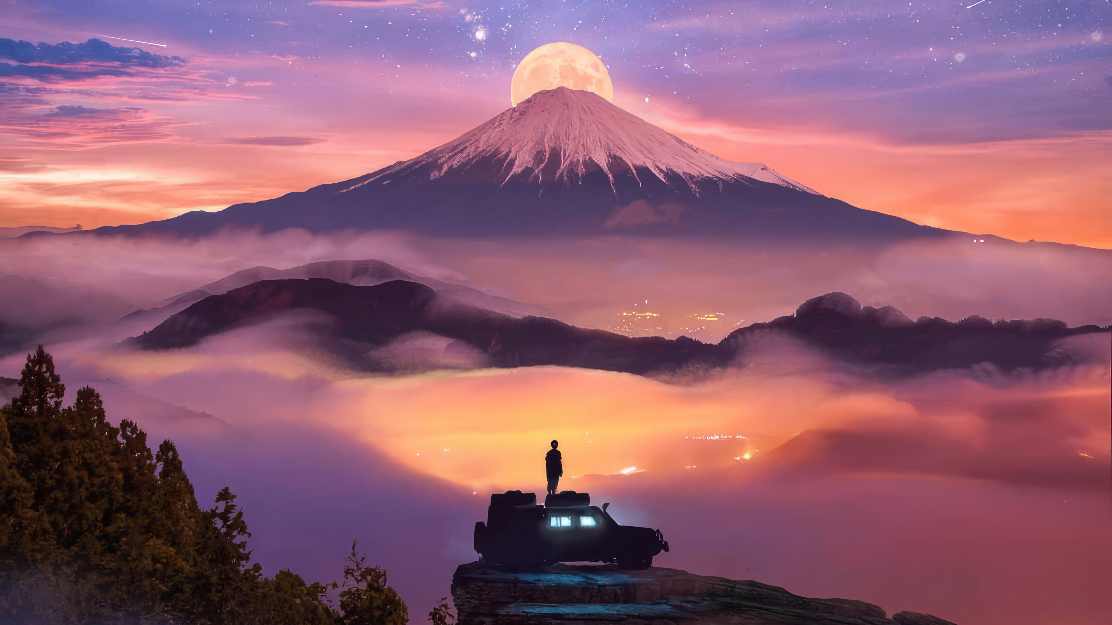 Man on Jeep overlooking Mount Fuji at sunset HD Wallpaper