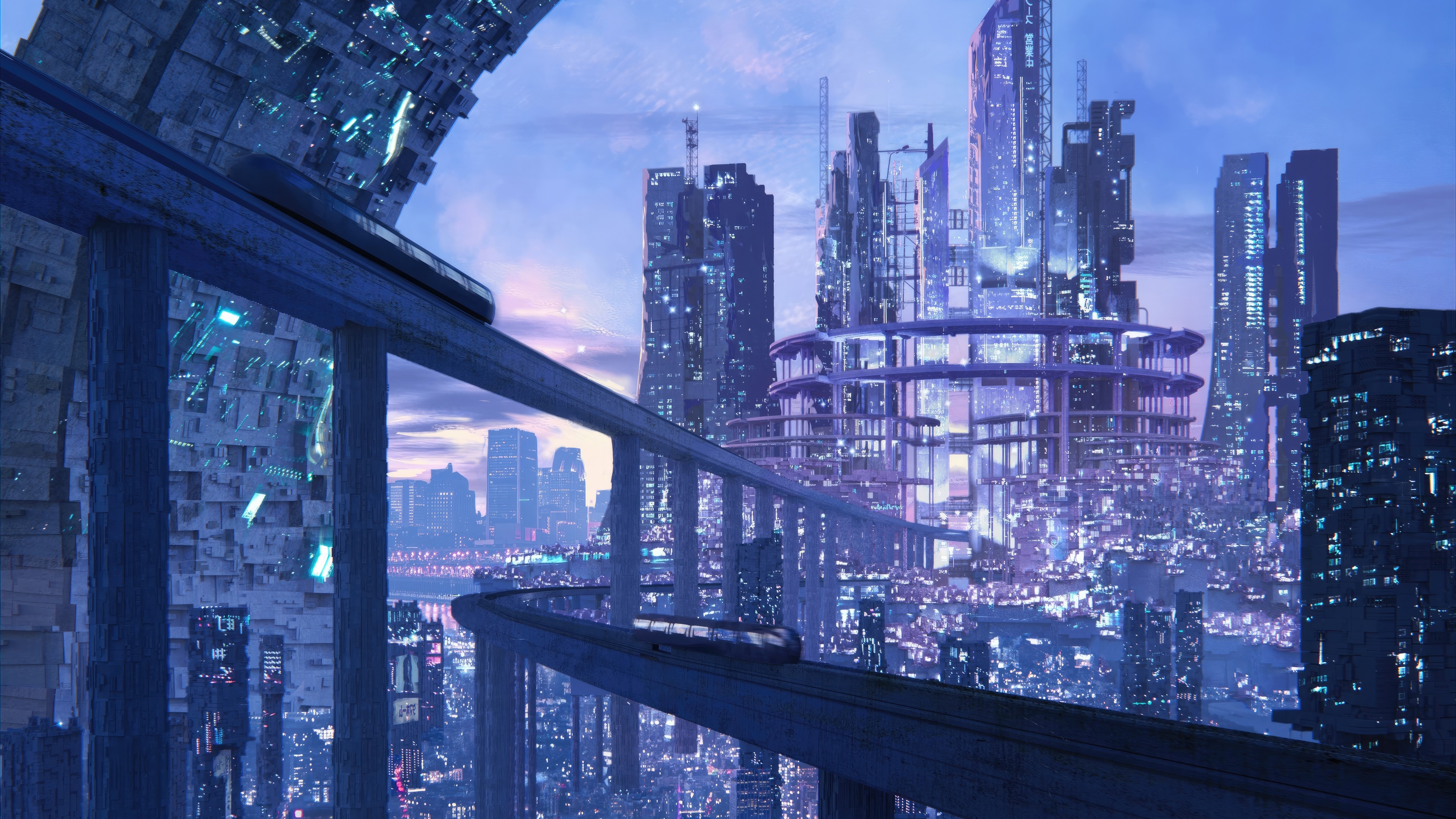 A Futuristic City with a Monorail System HD Wallpaper