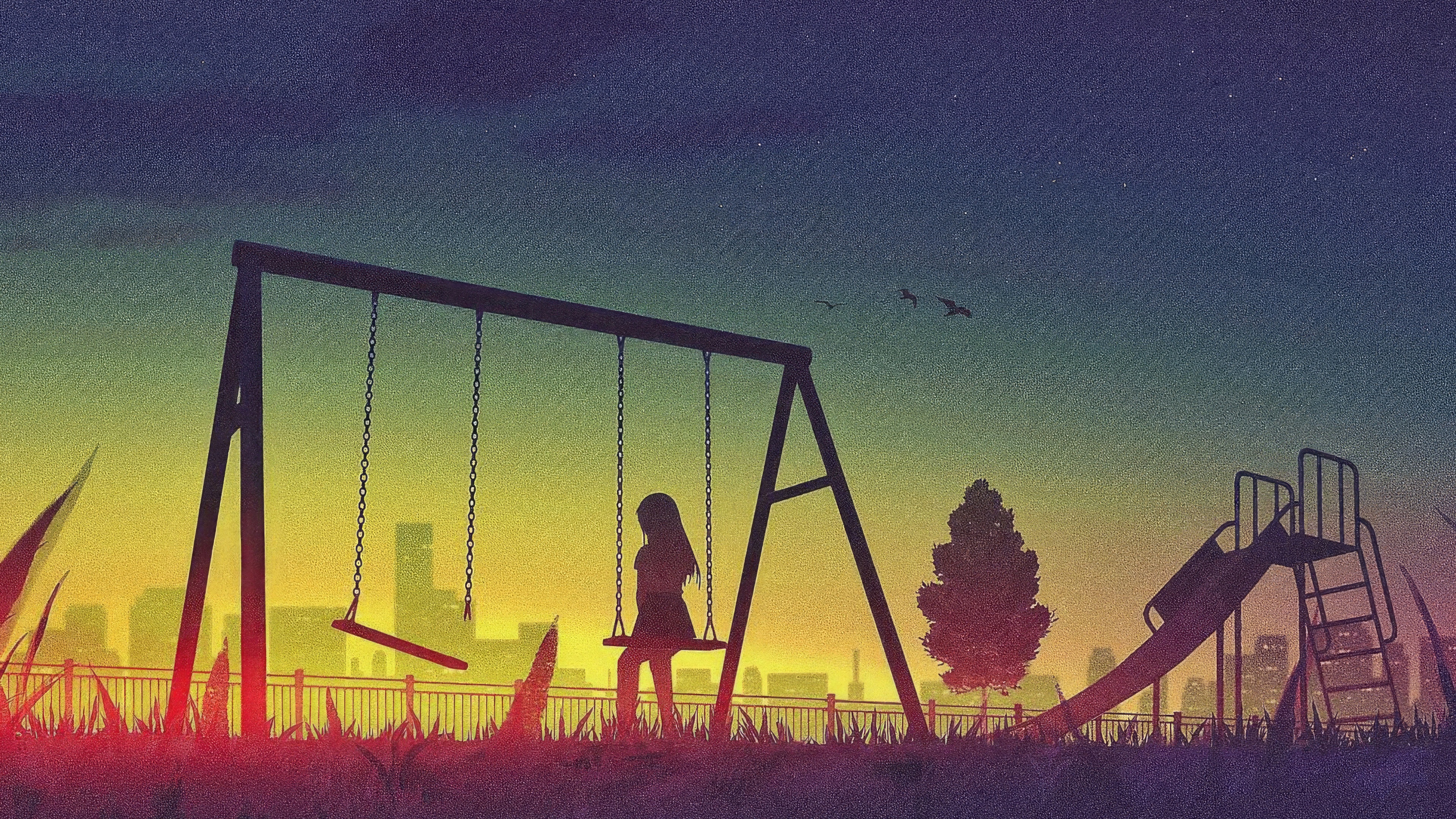 Girl on a swing in a park at sunset HD Wallpaper